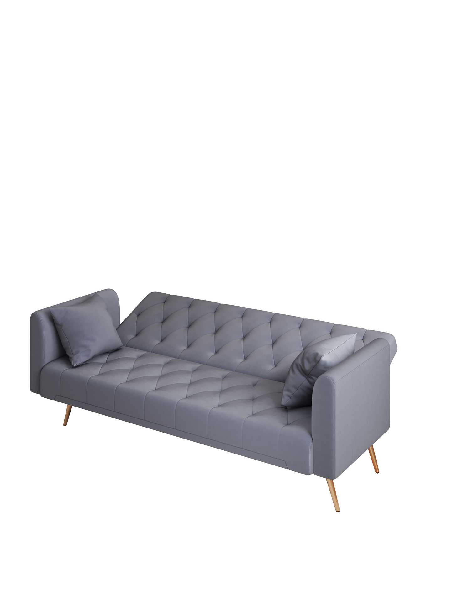 Gray velvet tufted sofa with modern wooden legs and two accent pillows
