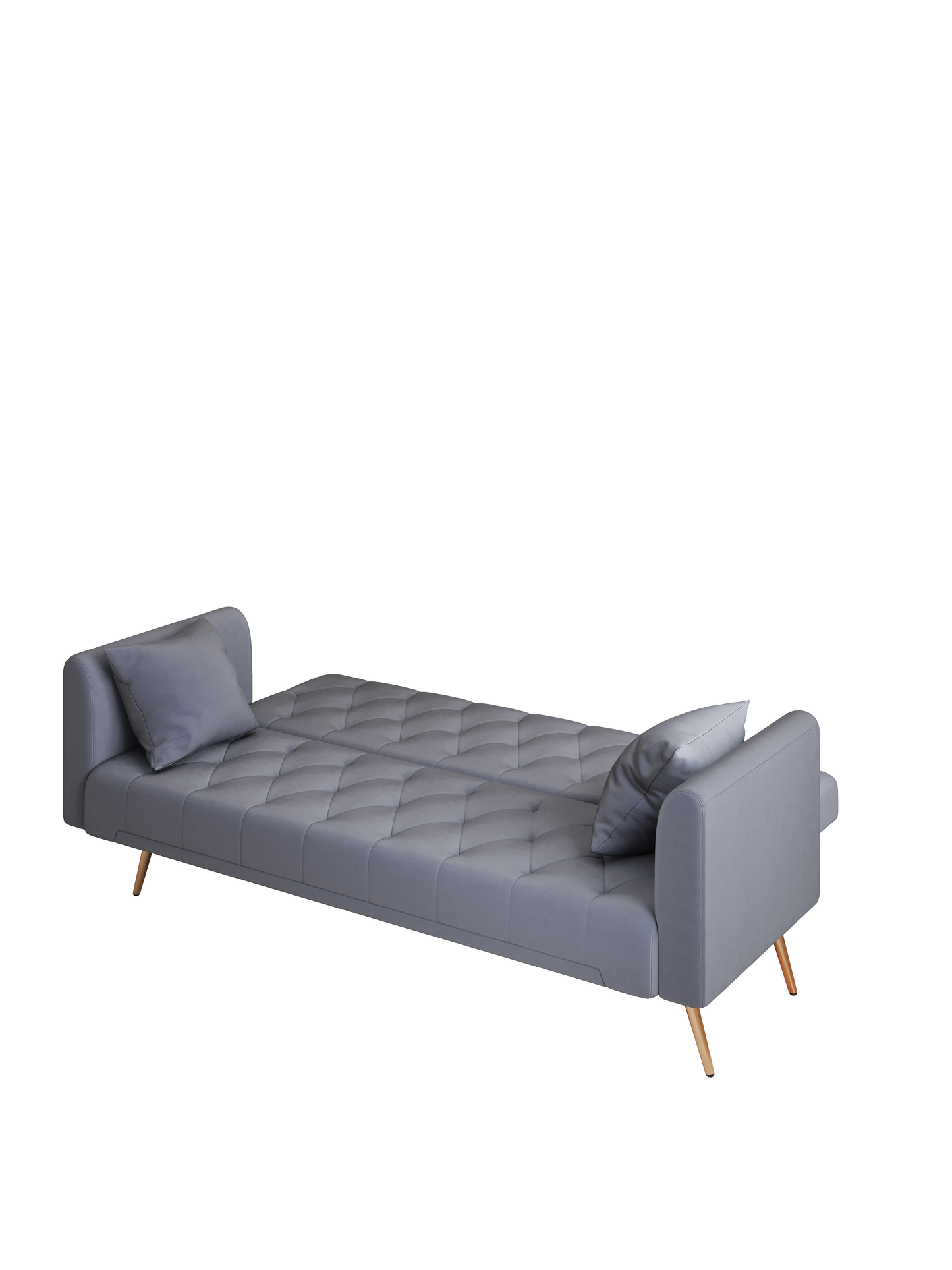 Modern grey fabric sofa bed with tufted cushions and tapered wooden legs