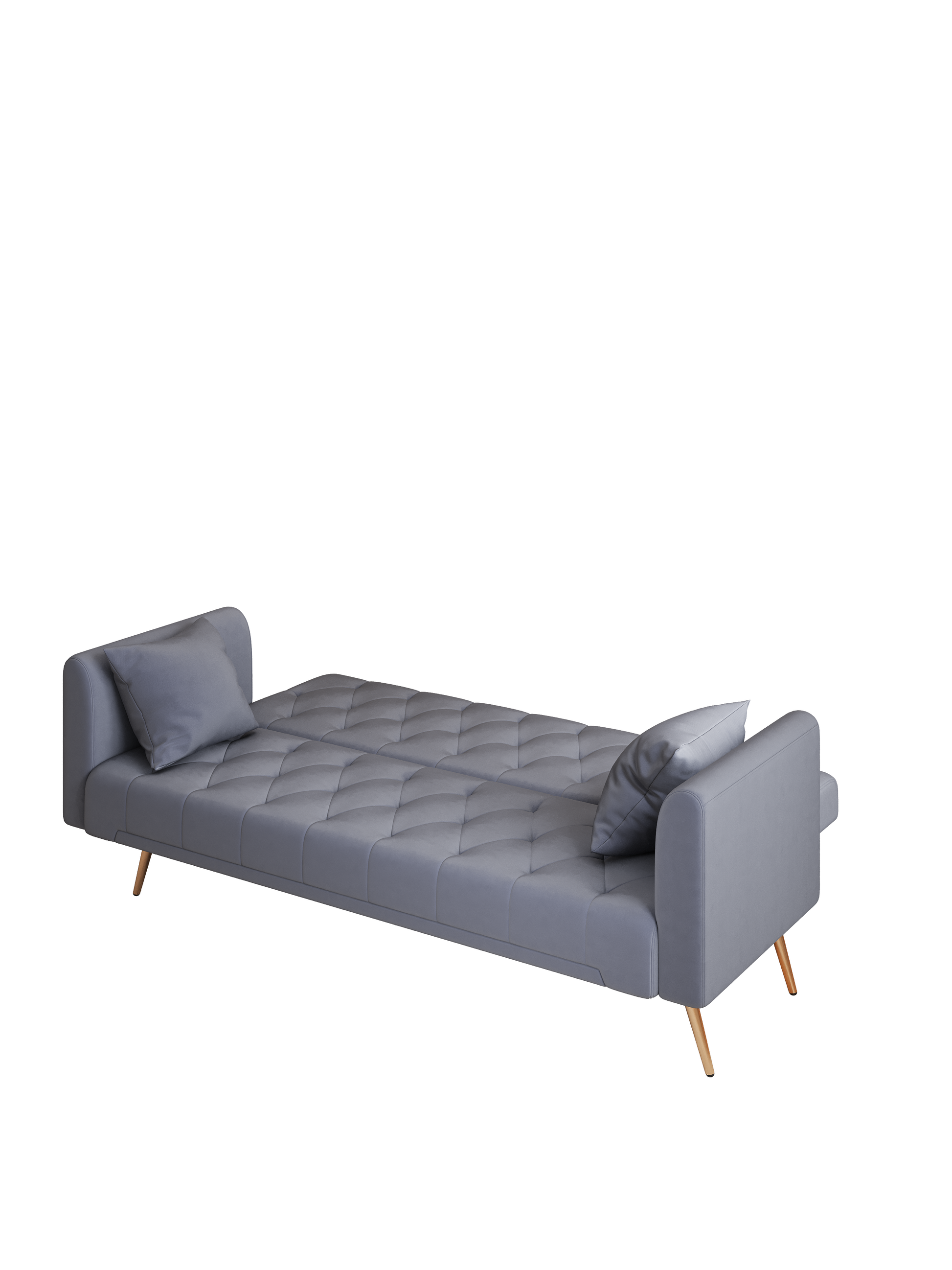 Modern grey fabric sofa bed with tufted cushions and tapered wooden legs