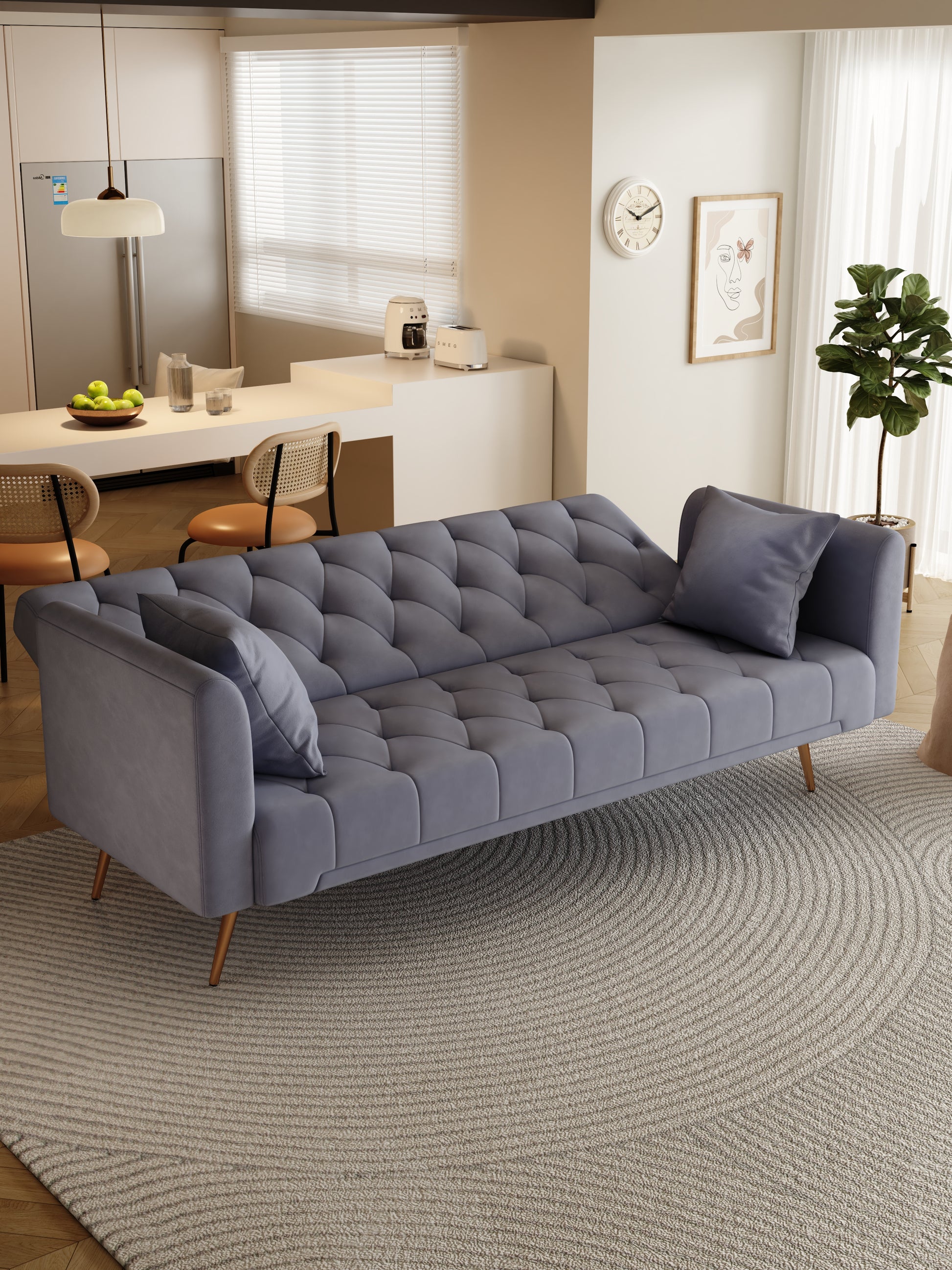 Tufted velvet sofa in light blue with elegant button tufting and modern tapered legs for living room seating