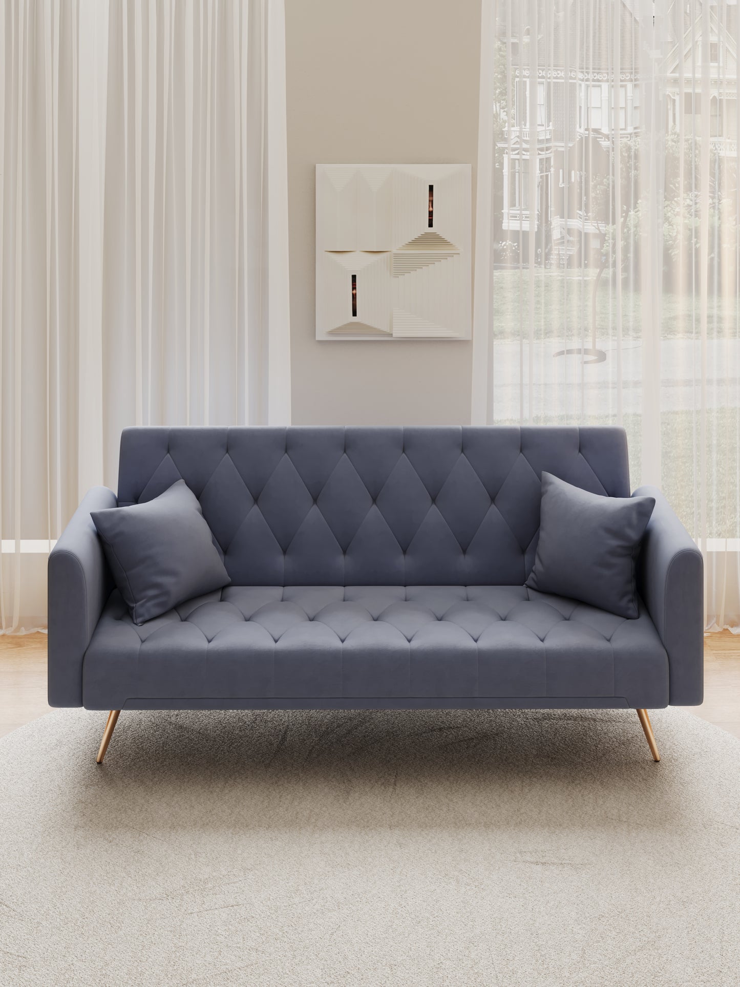 Tufted gray velvet sofa with diamond stitching and two matching throw pillows