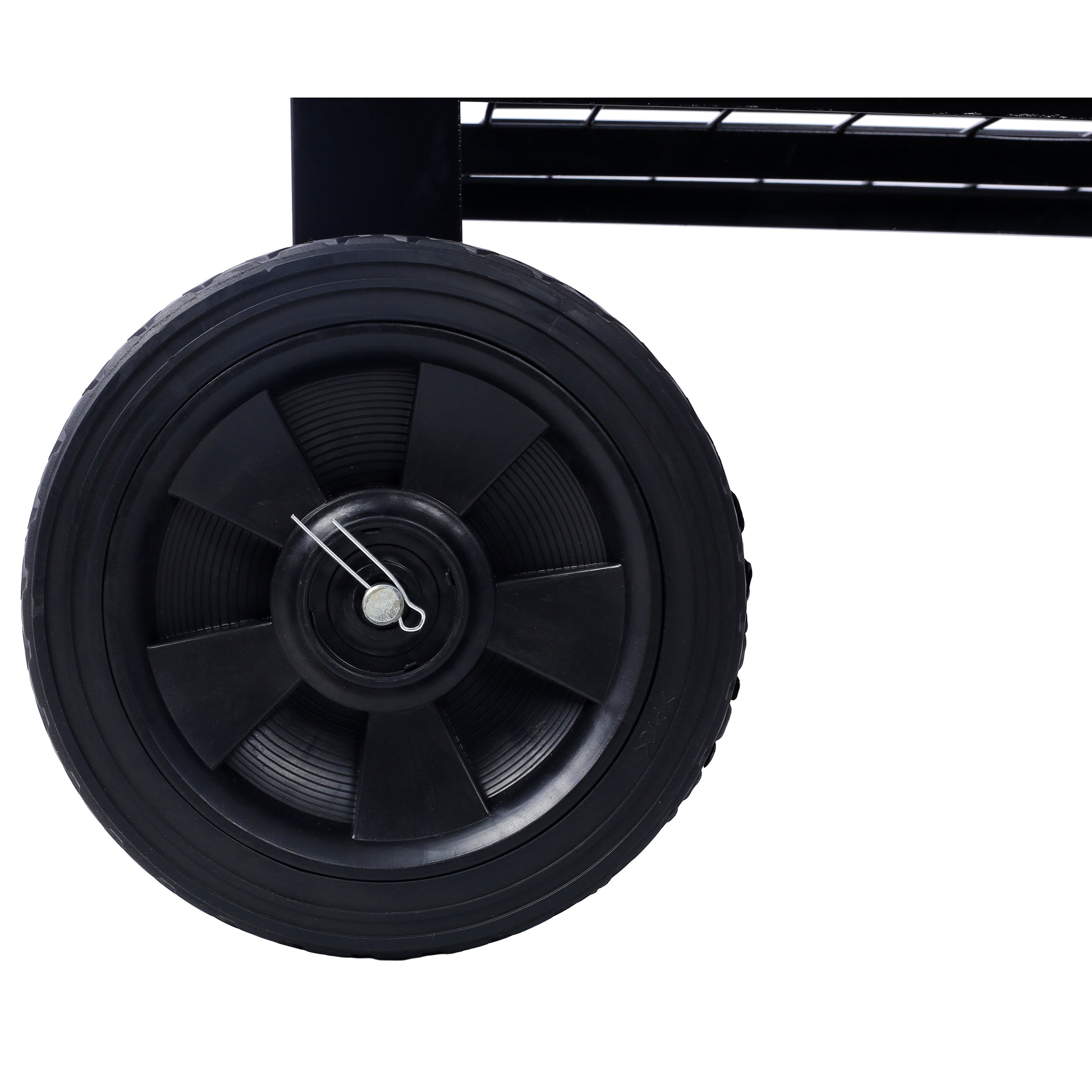 Black sturdy wheel with textured grip part of a portable shelving unit