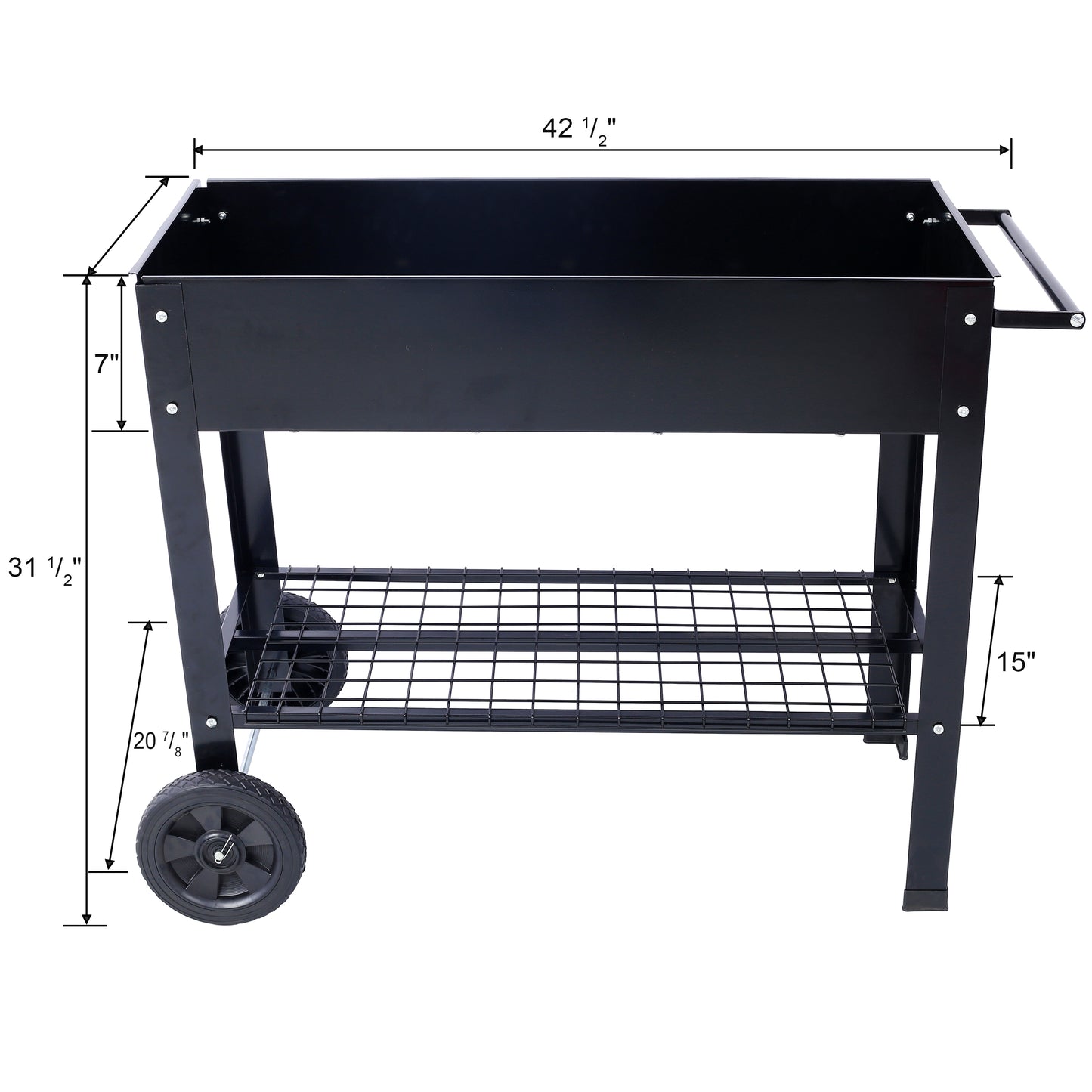 Black portable charcoal grill with two wheels side handle and lower storage rack  inches long