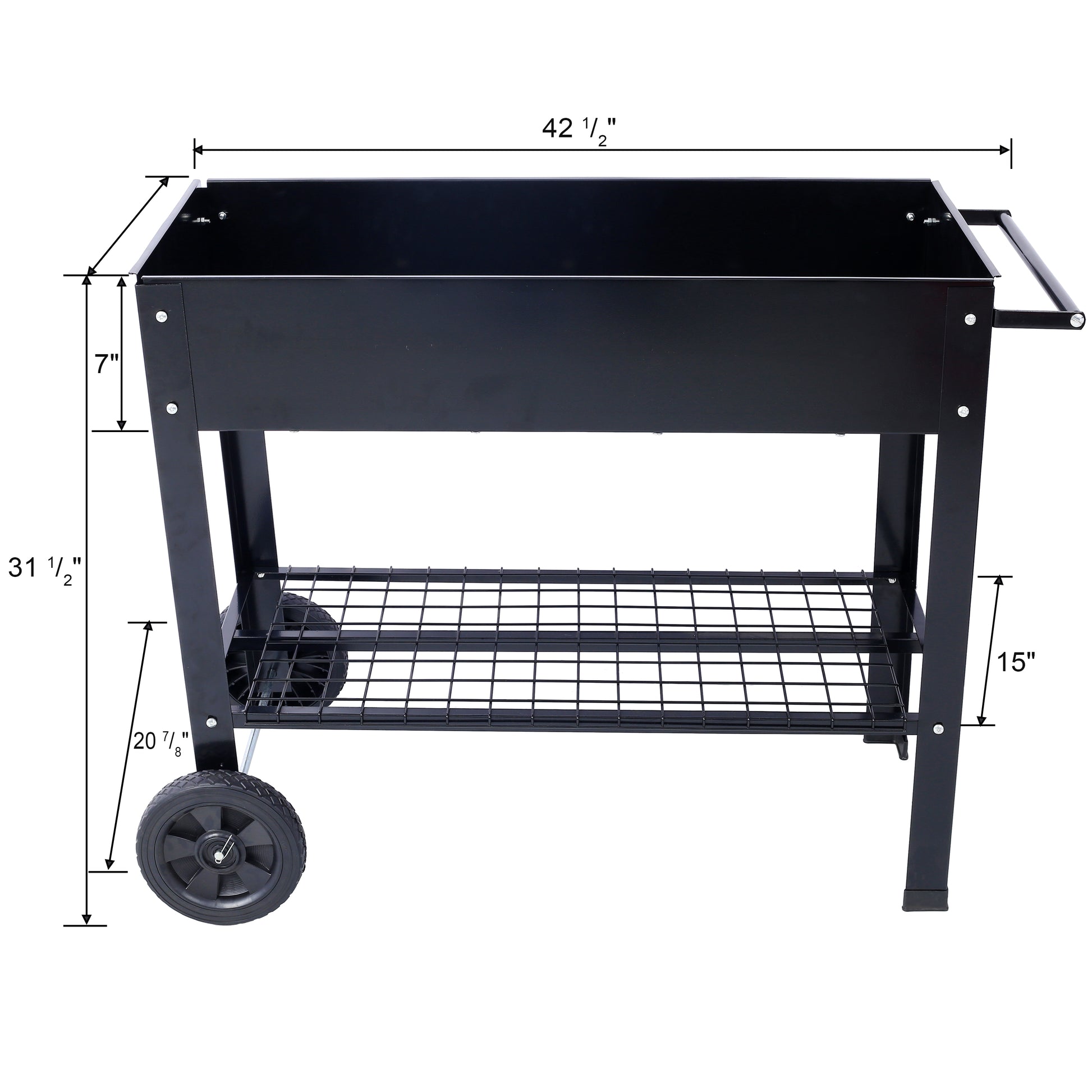 Black portable charcoal grill with two wheels side handle and lower storage rack  inches long