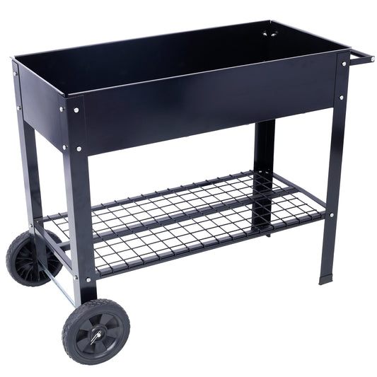 Black portable charcoal grill with dual wheels and a lower storage rack for outdoor cooking