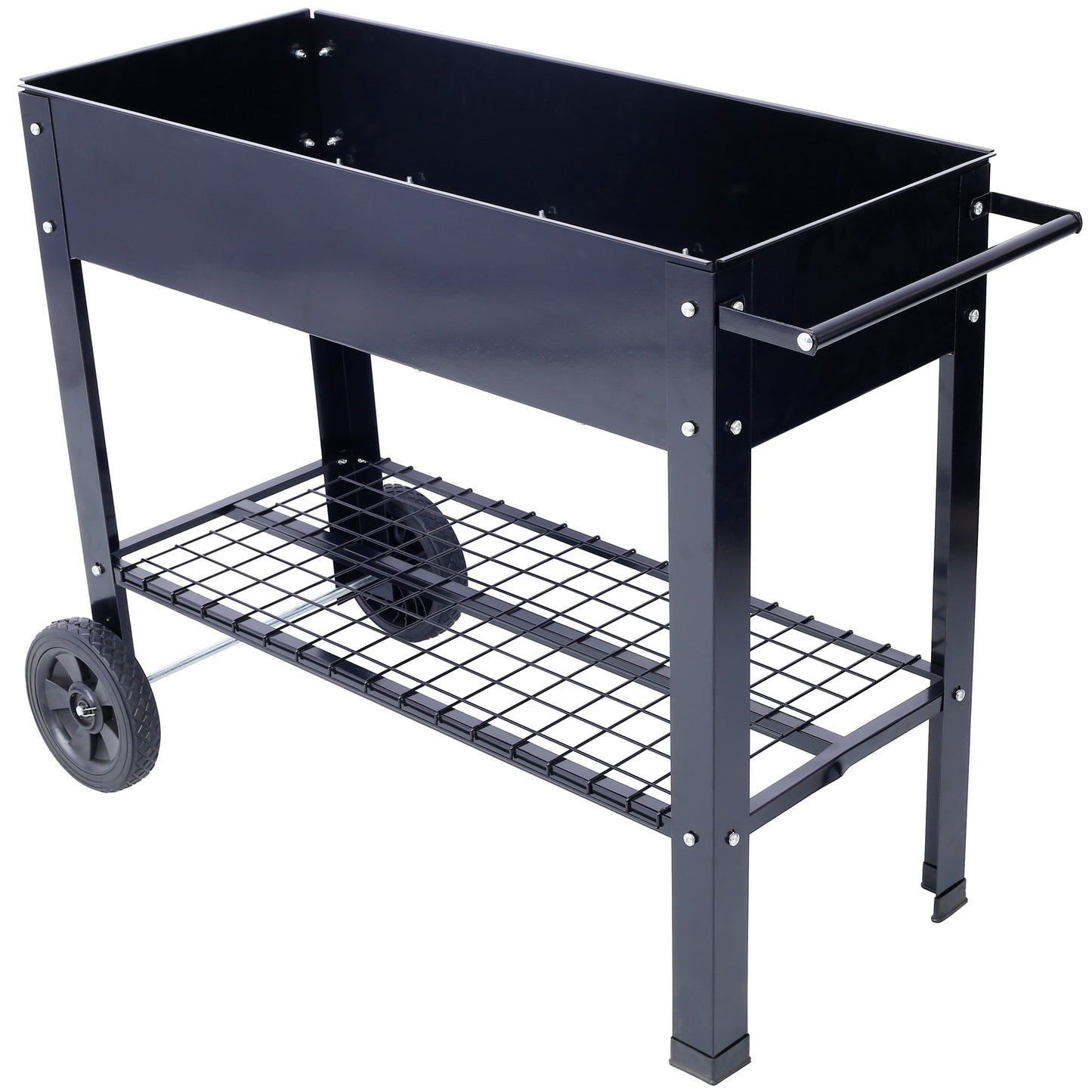 Black metal portable grill with wheels and lower shelf for outdoor cooking