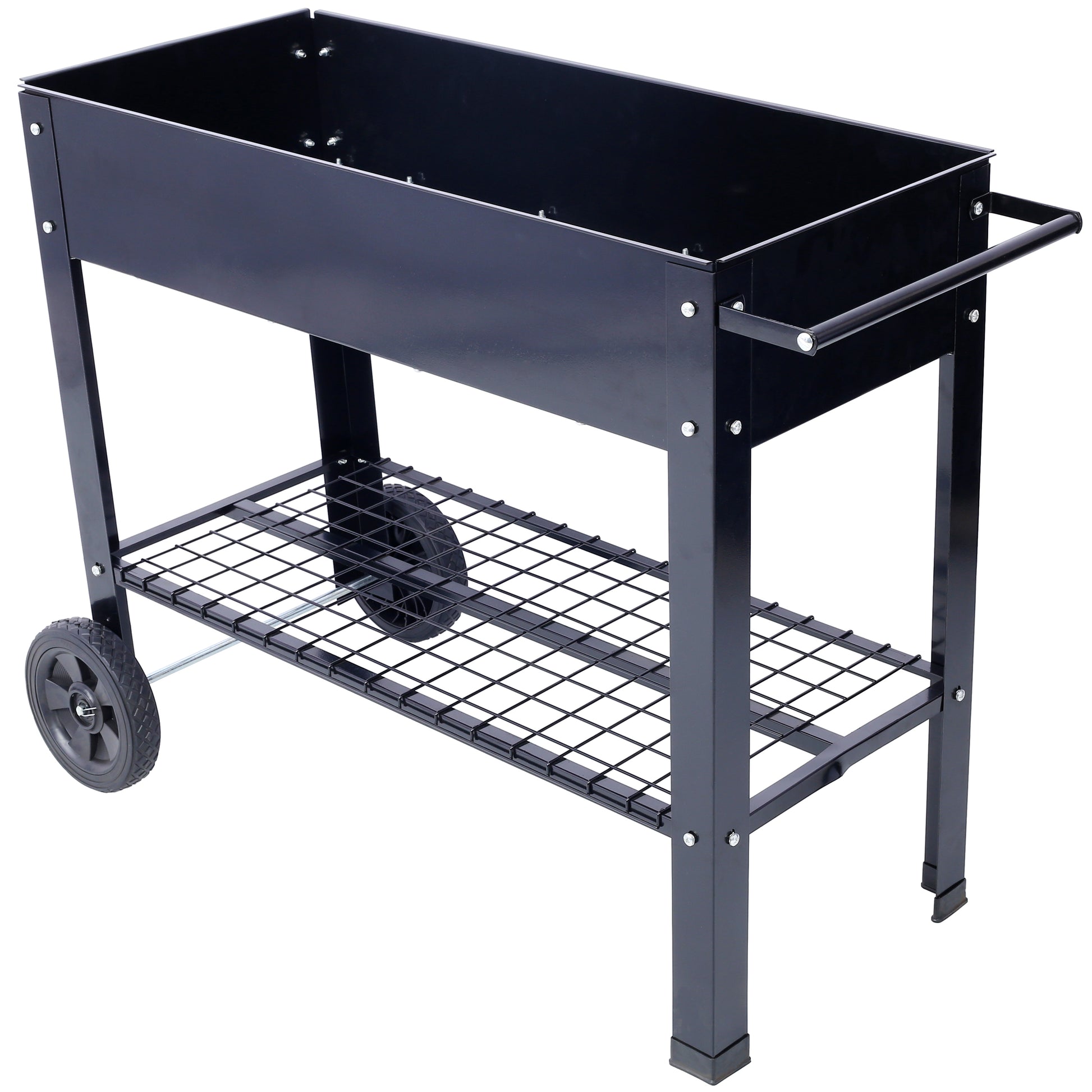 Black metal portable grill with wheels and lower shelf for outdoor cooking