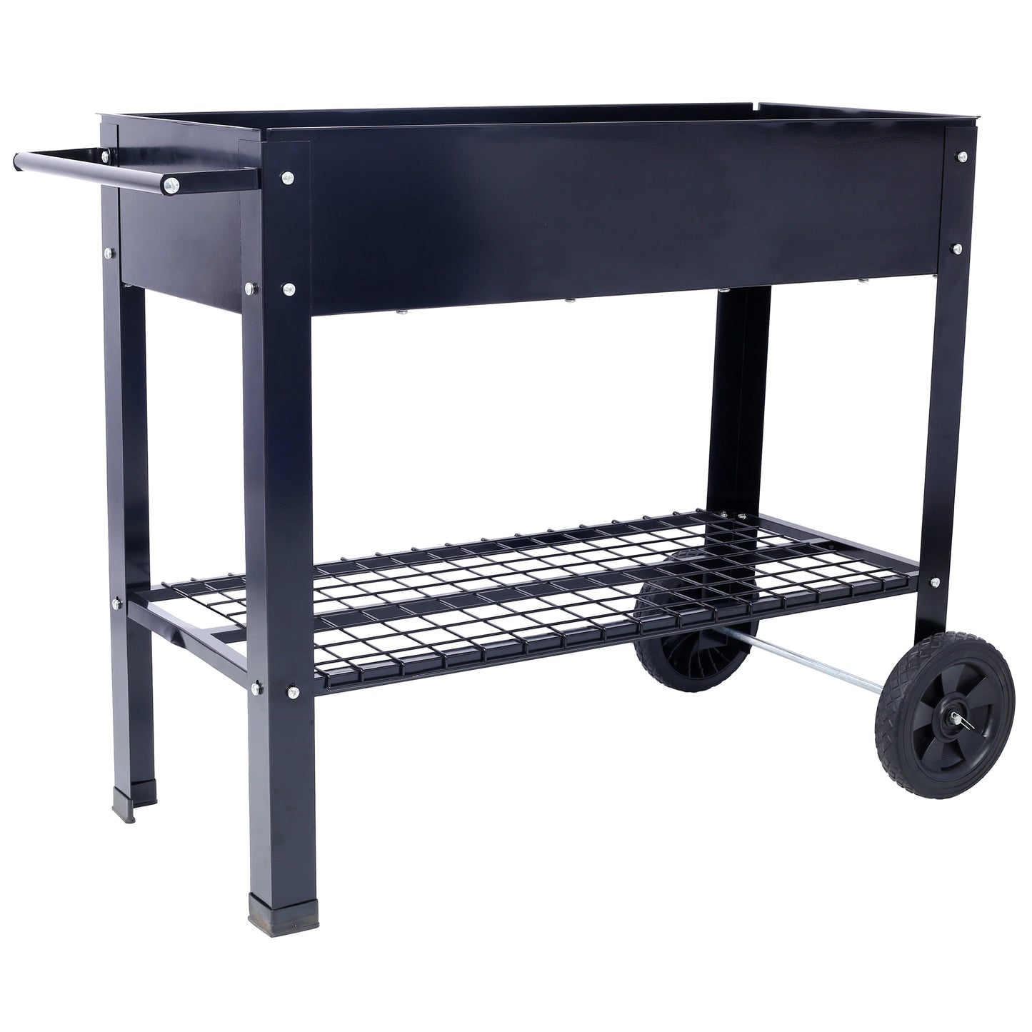 Black metal portable charcoal grill with wheels and a side handle for outdoor cooking