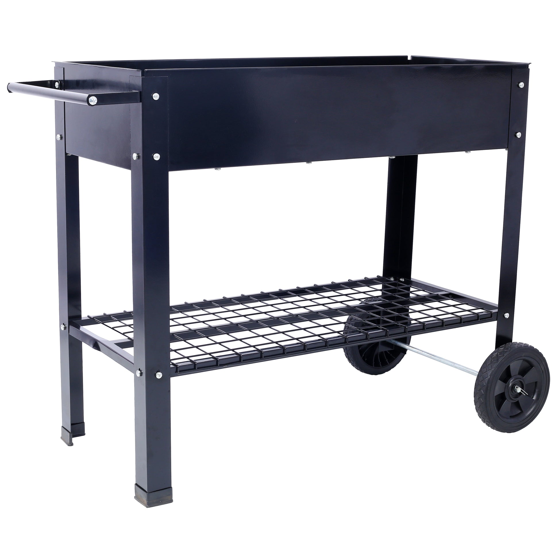Black metal portable charcoal grill with wheels and a side handle for outdoor cooking