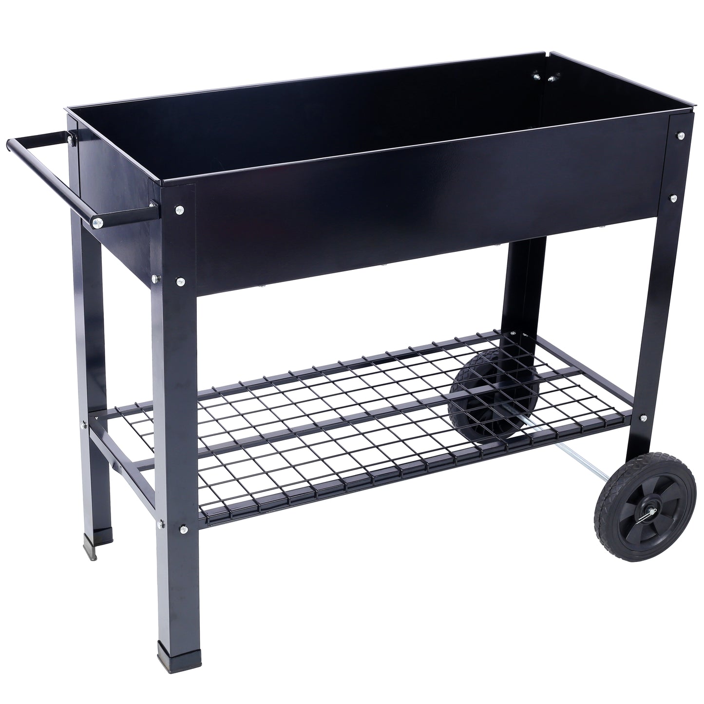 Black metal portable barbecue grill with wheels and a lower shelf