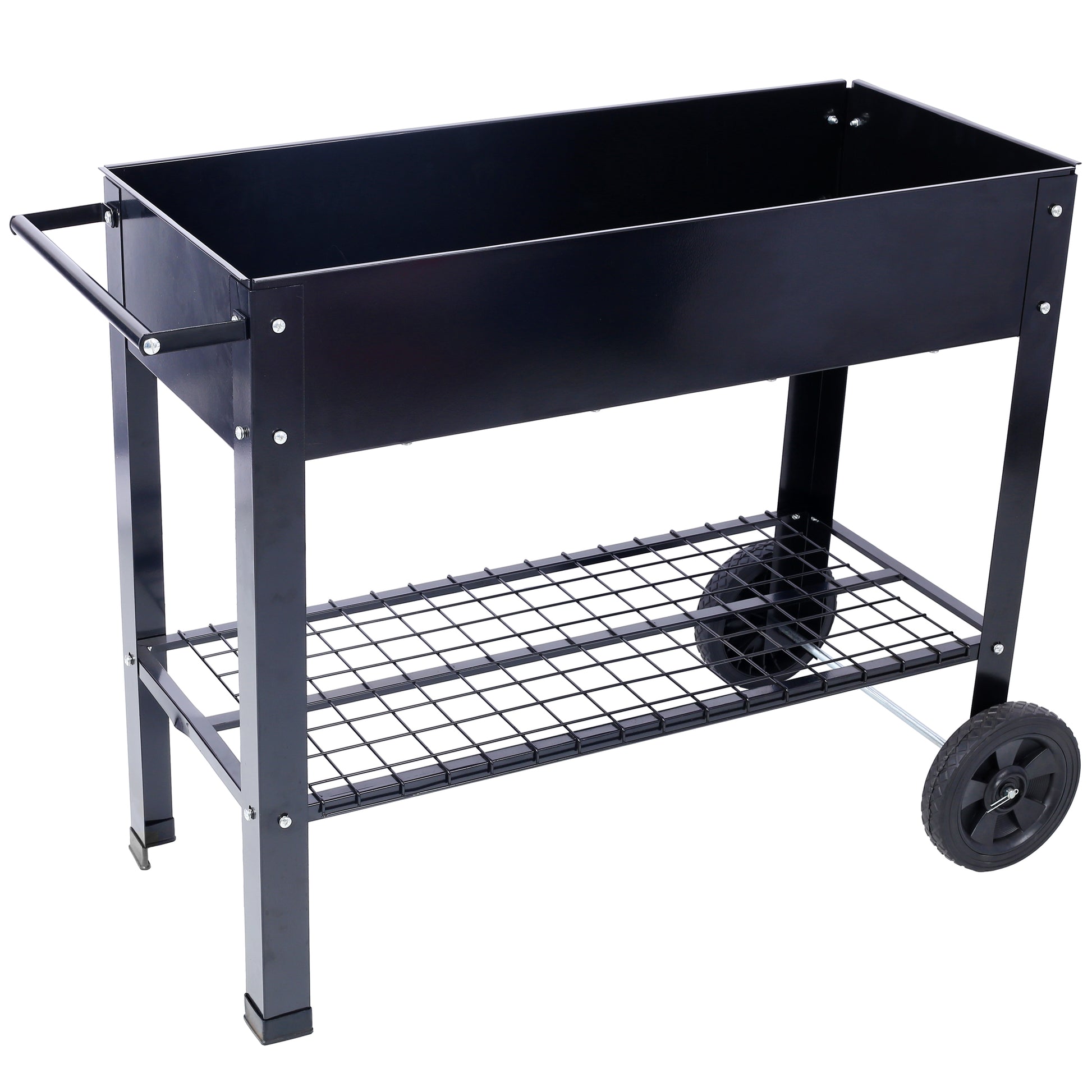 Black metal portable barbecue grill with wheels and a lower shelf