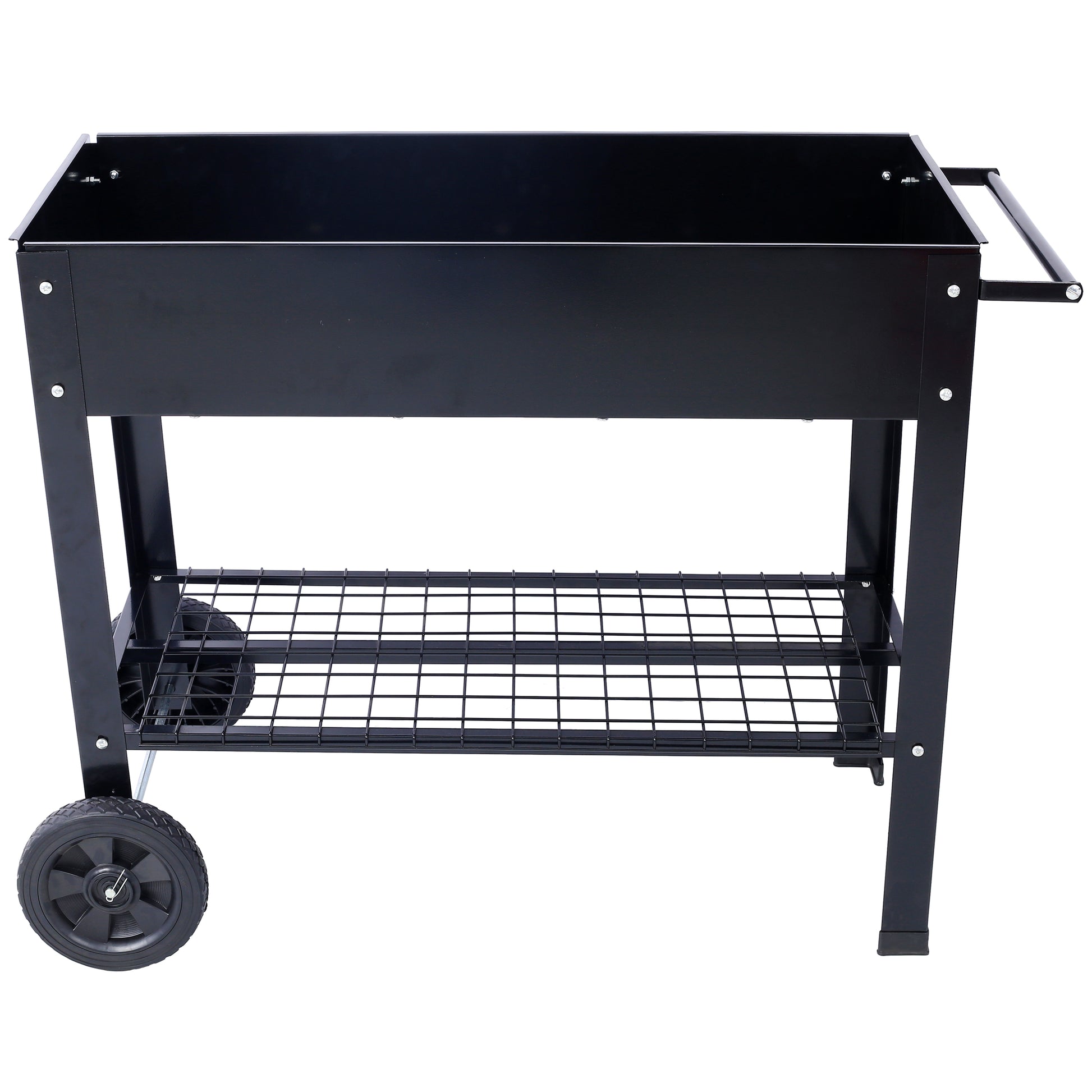 Black metal grill cart with two wheels and a lower storage rack