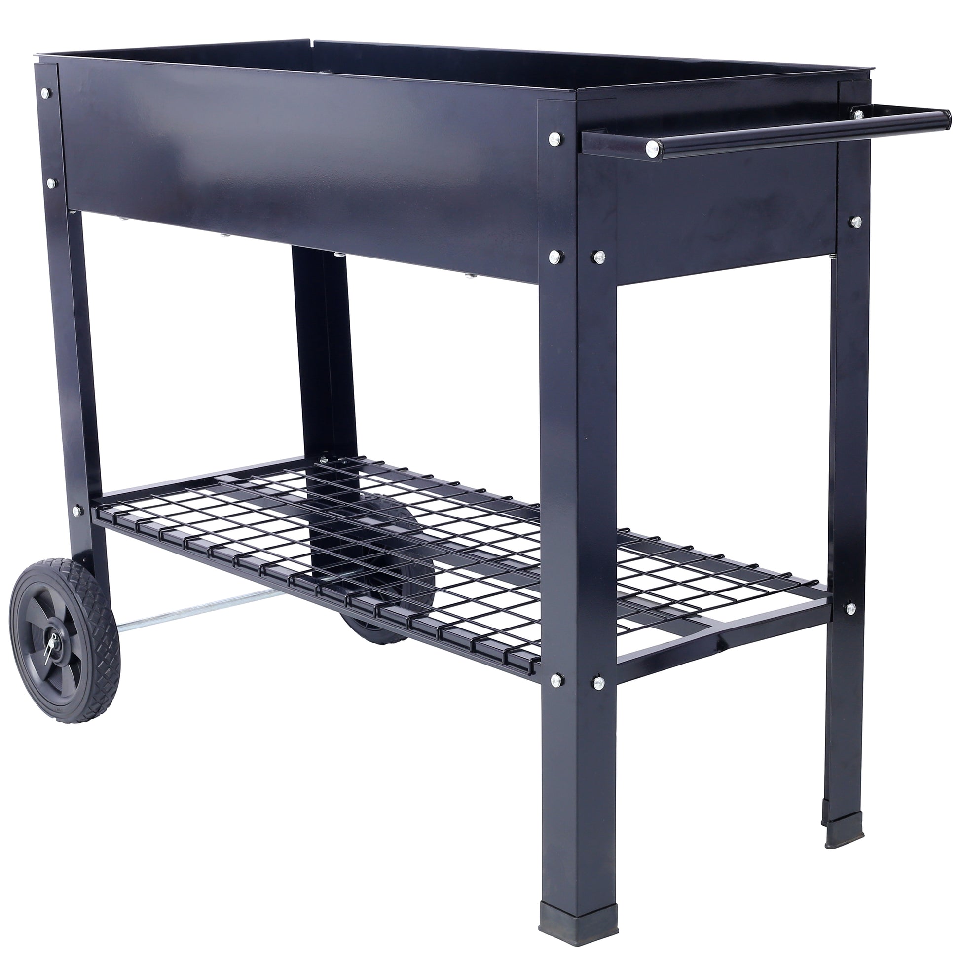 Black charcoal grill with large wheels for portability and a lower shelf for storage