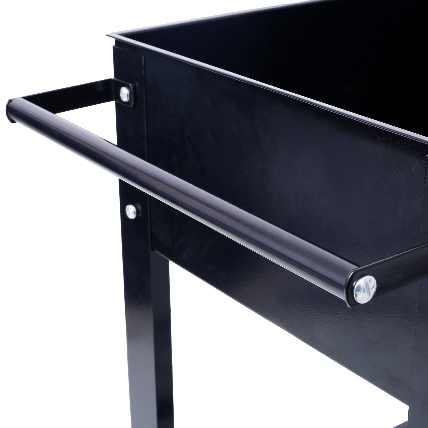 Black metal garden cart with a long handle for easy maneuvering