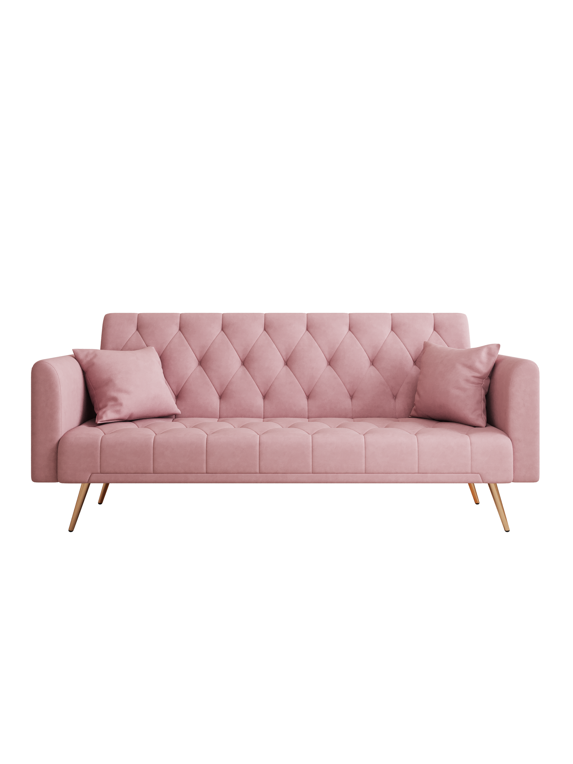 Dusty rose velvet sofa with tufted back and gold legs  Polyester upholstery