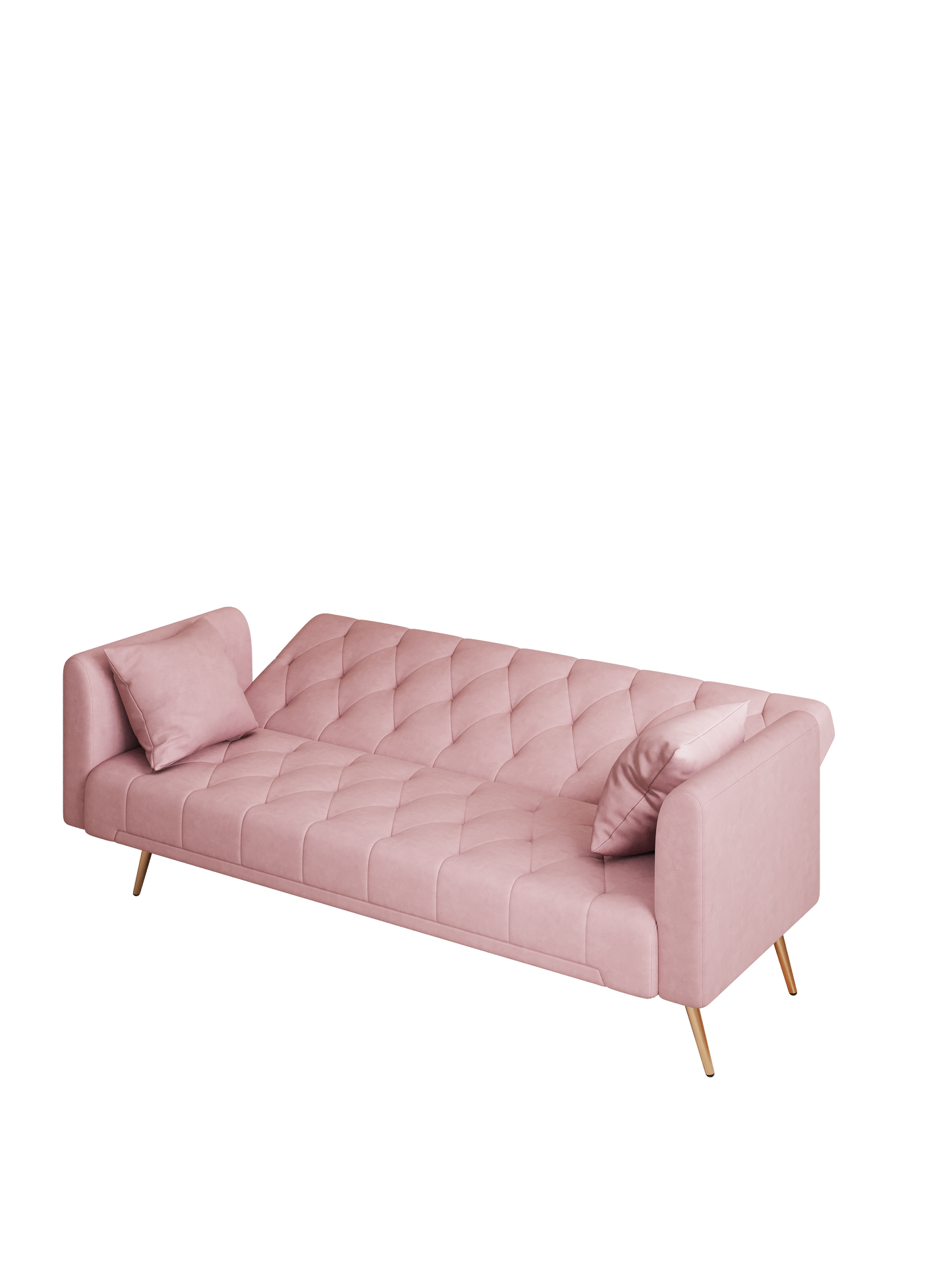 Pink velvet tufted sofa with two matching accent pillows and gold tapered legs