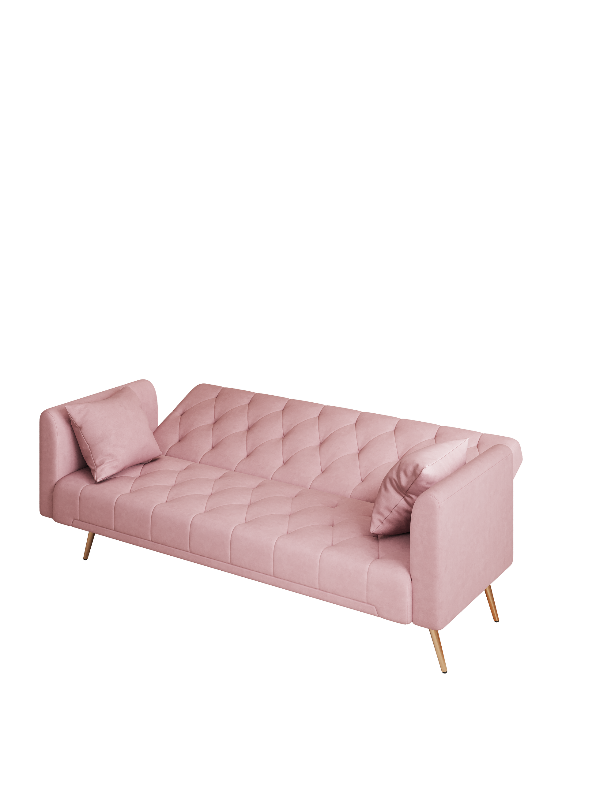 Pink velvet tufted sofa with two matching accent pillows and gold tapered legs