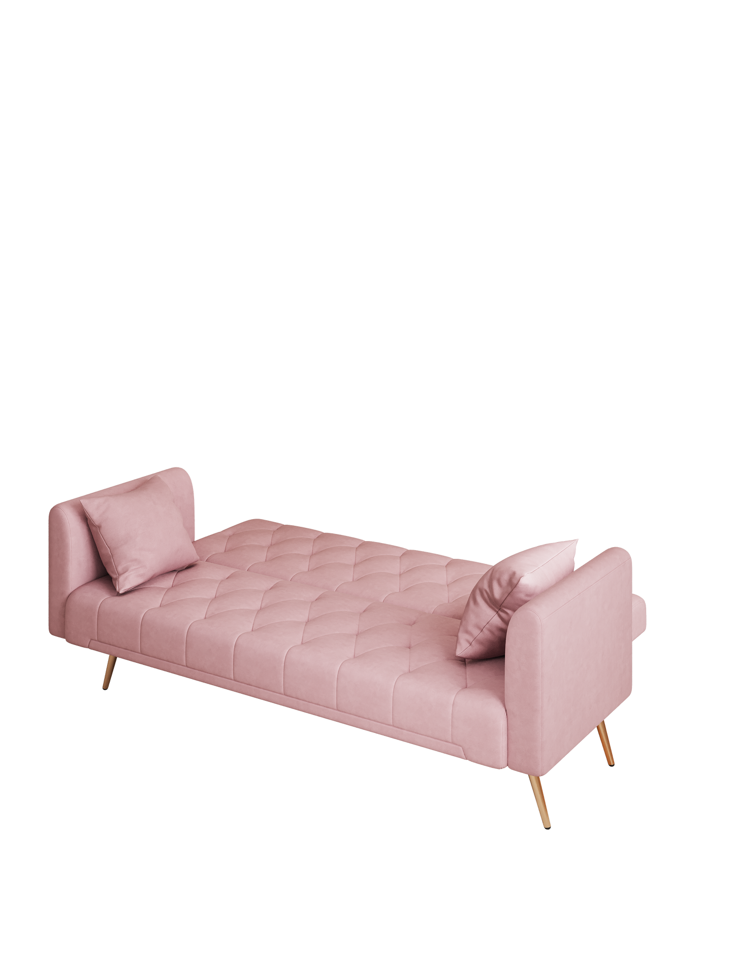 Pink velvet tufted sofa with two accent pillows and gold legs
