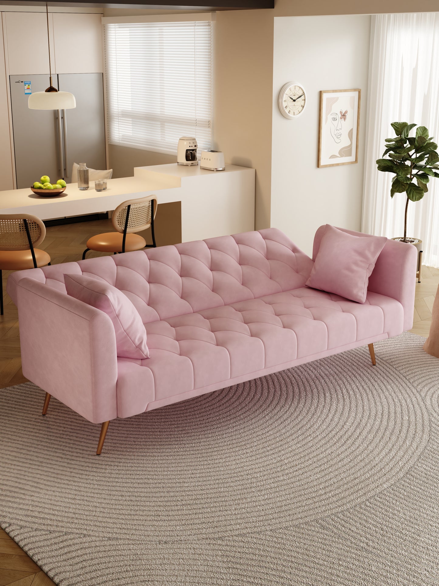 Elegant pink velvet sofa with diamond tufting and gold legs