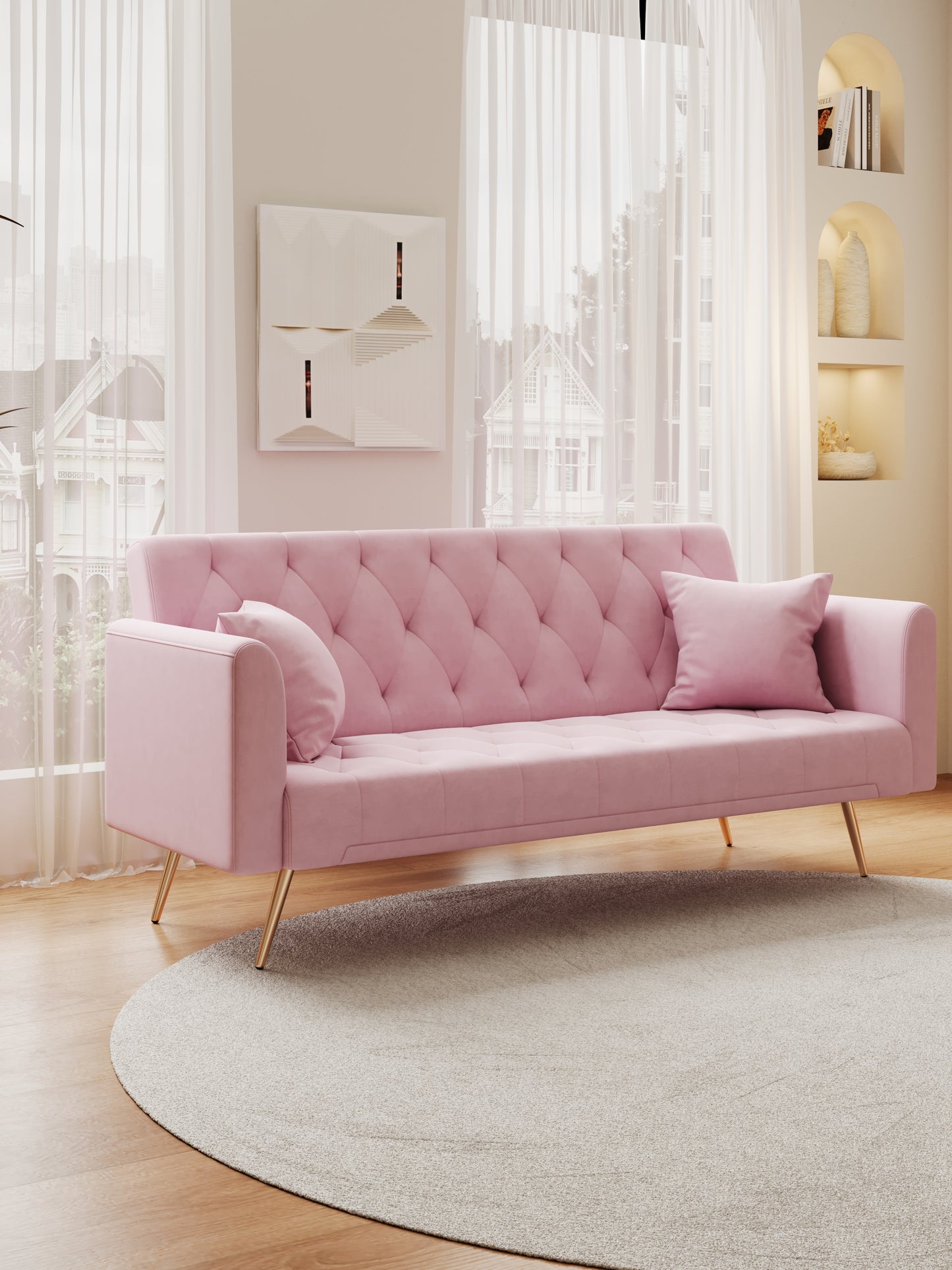 Pink velvet sofa with tufted back and gold legs perfect for a modern living room