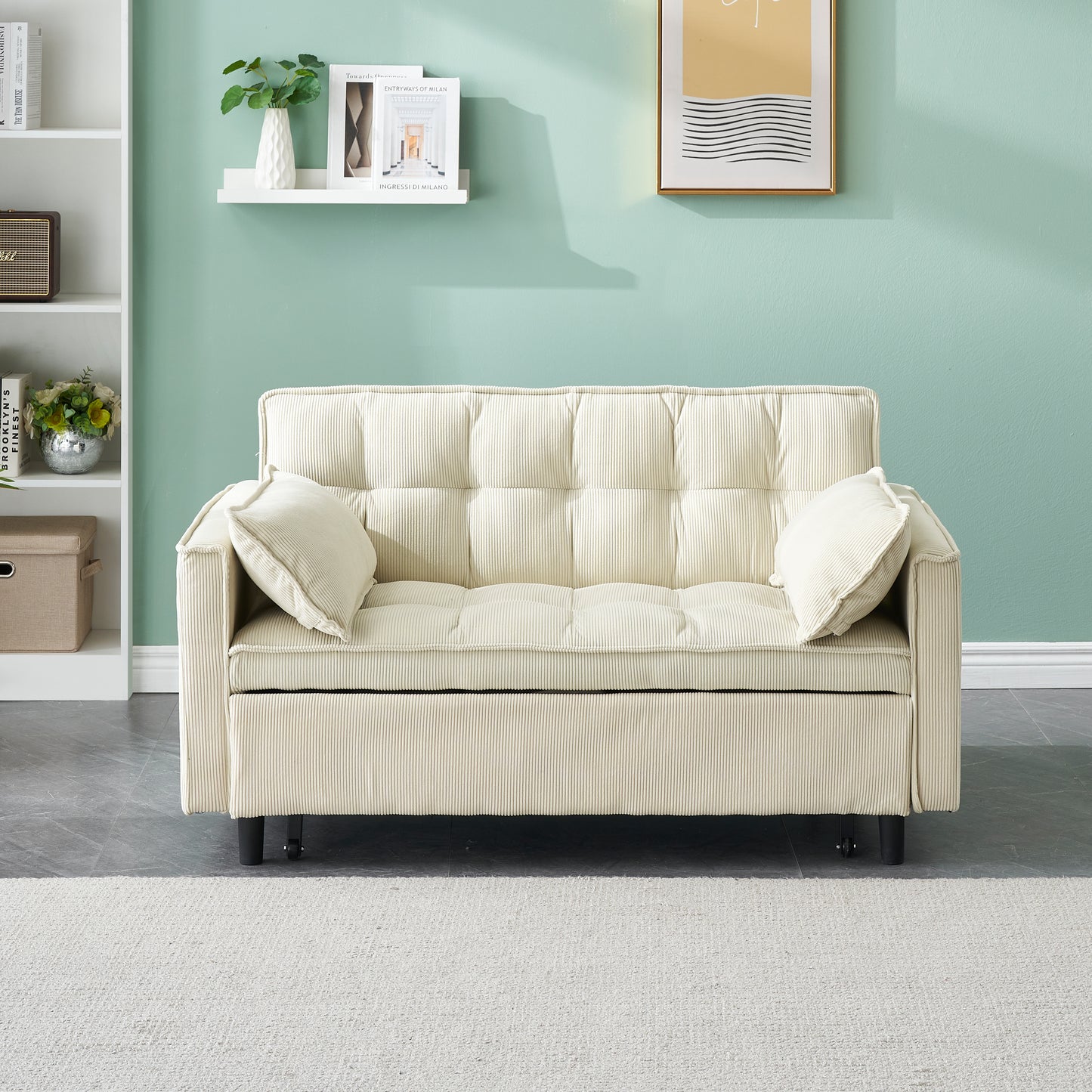 Cream corduroy sofa with tufted cushions and two throw pillows
