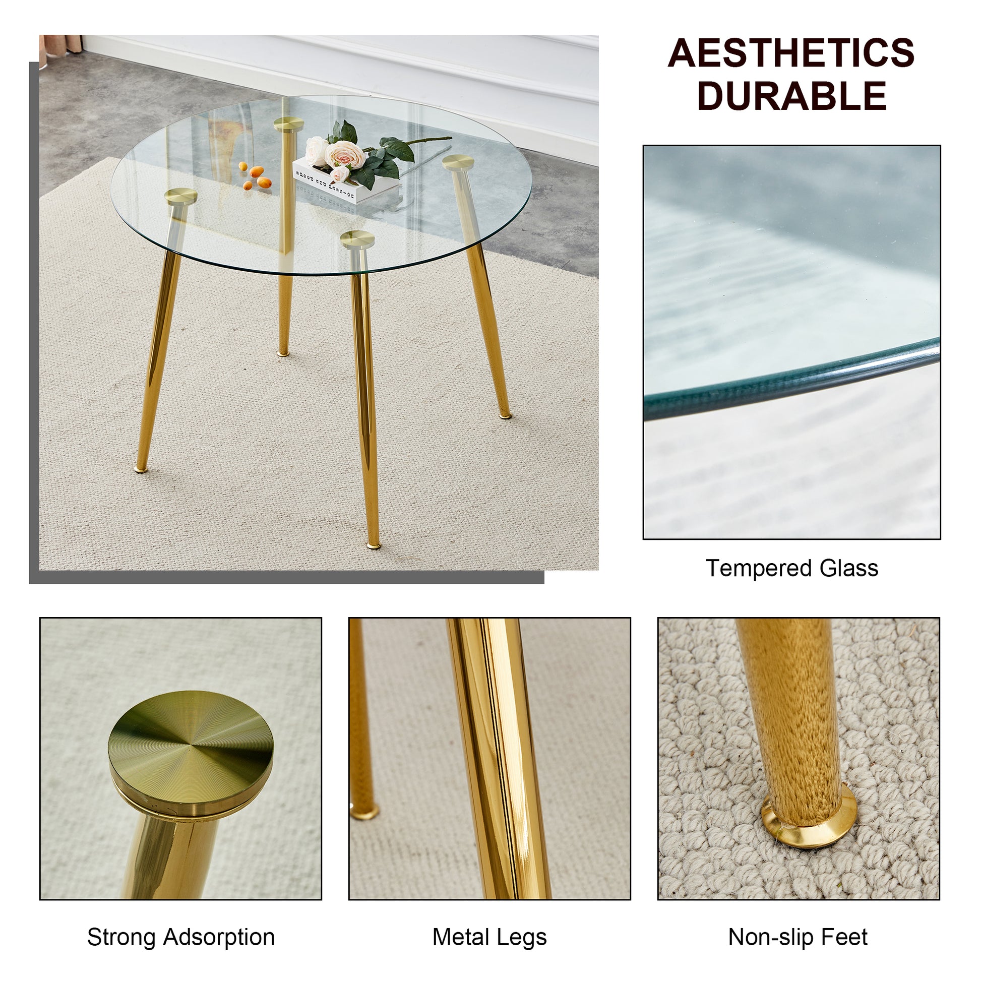 Round tempered glass coffee table with gold metal legs on a rug