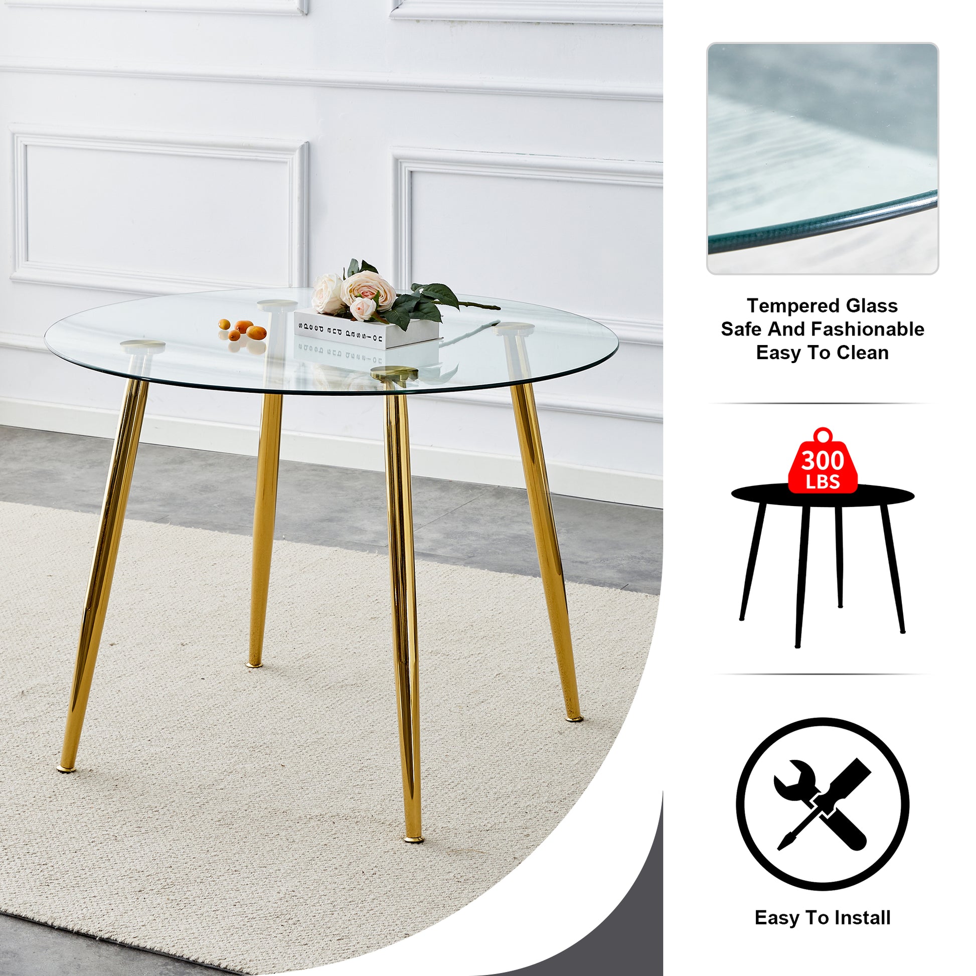 Round glass dining table with gold legs suitable for small spaces