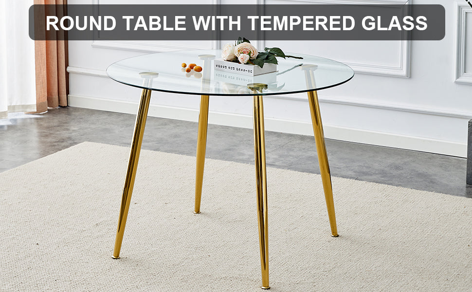Round tempered glass dining table with sleek gold metal legs for modern kitchens