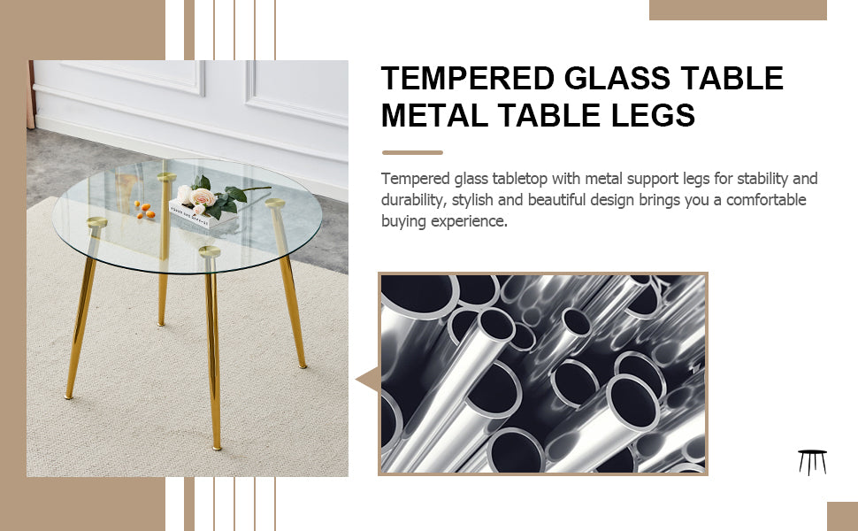 Round tempered glass coffee table with gold metal legs and decorative items