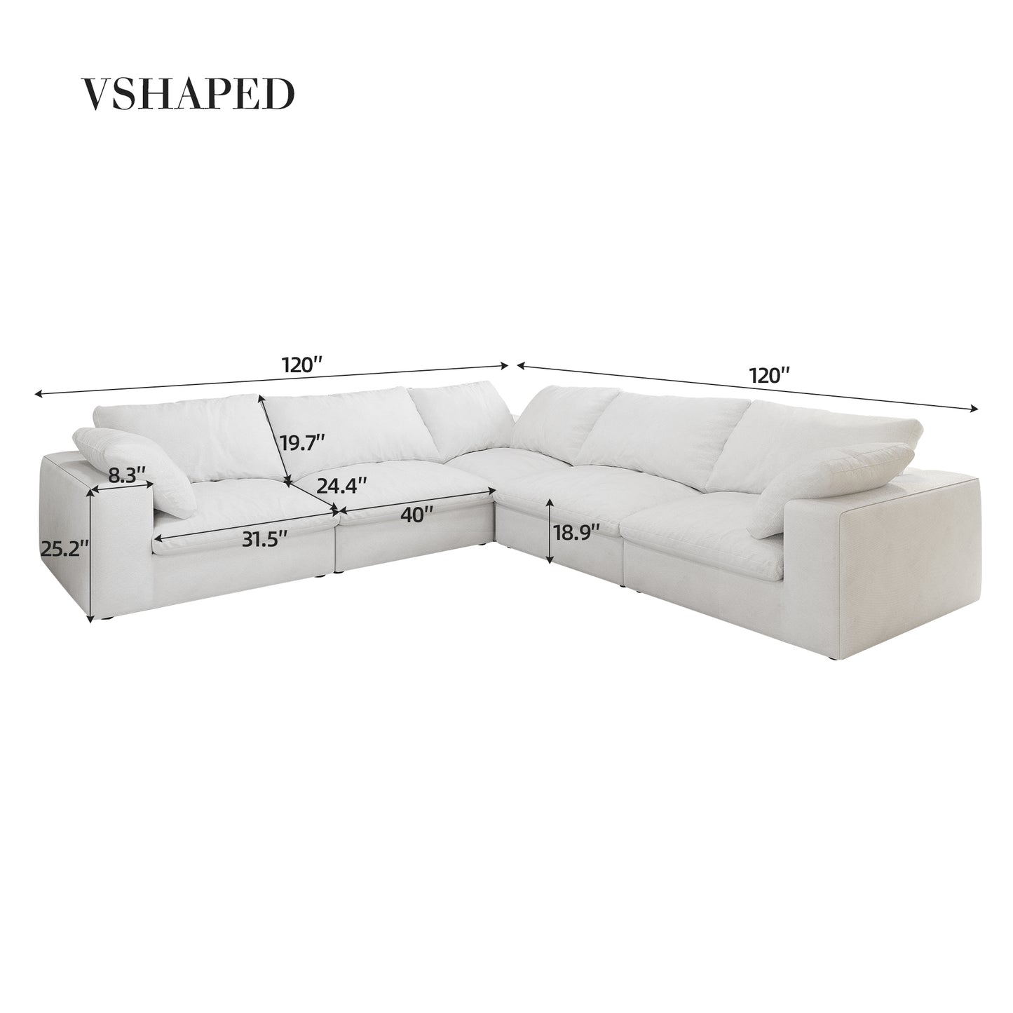 White sectional sofa with plush cushions and modern Vshaped design perfect for living rooms