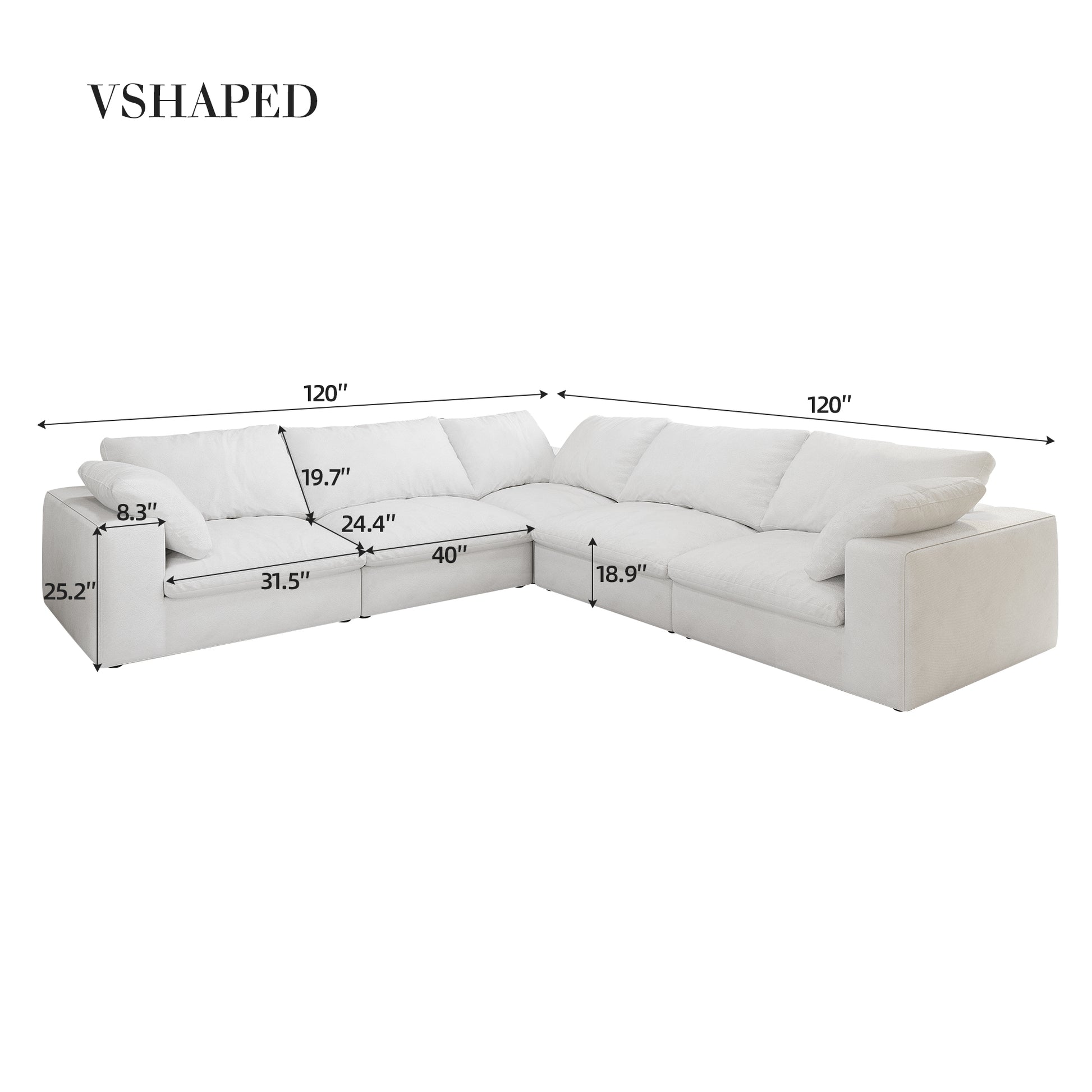 White sectional sofa with plush cushions and modern Vshaped design perfect for living rooms