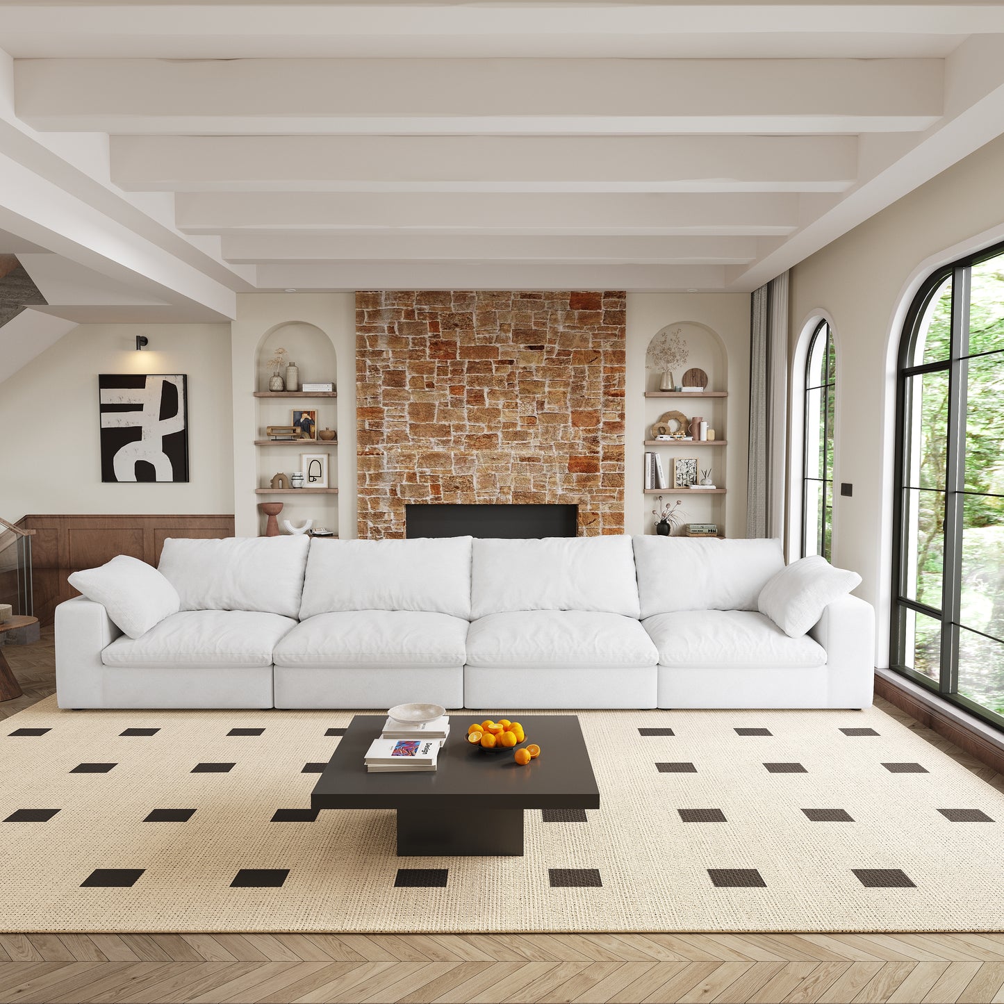 Modular white fabric sectional sofa with plush cushions perfect for a modern living room