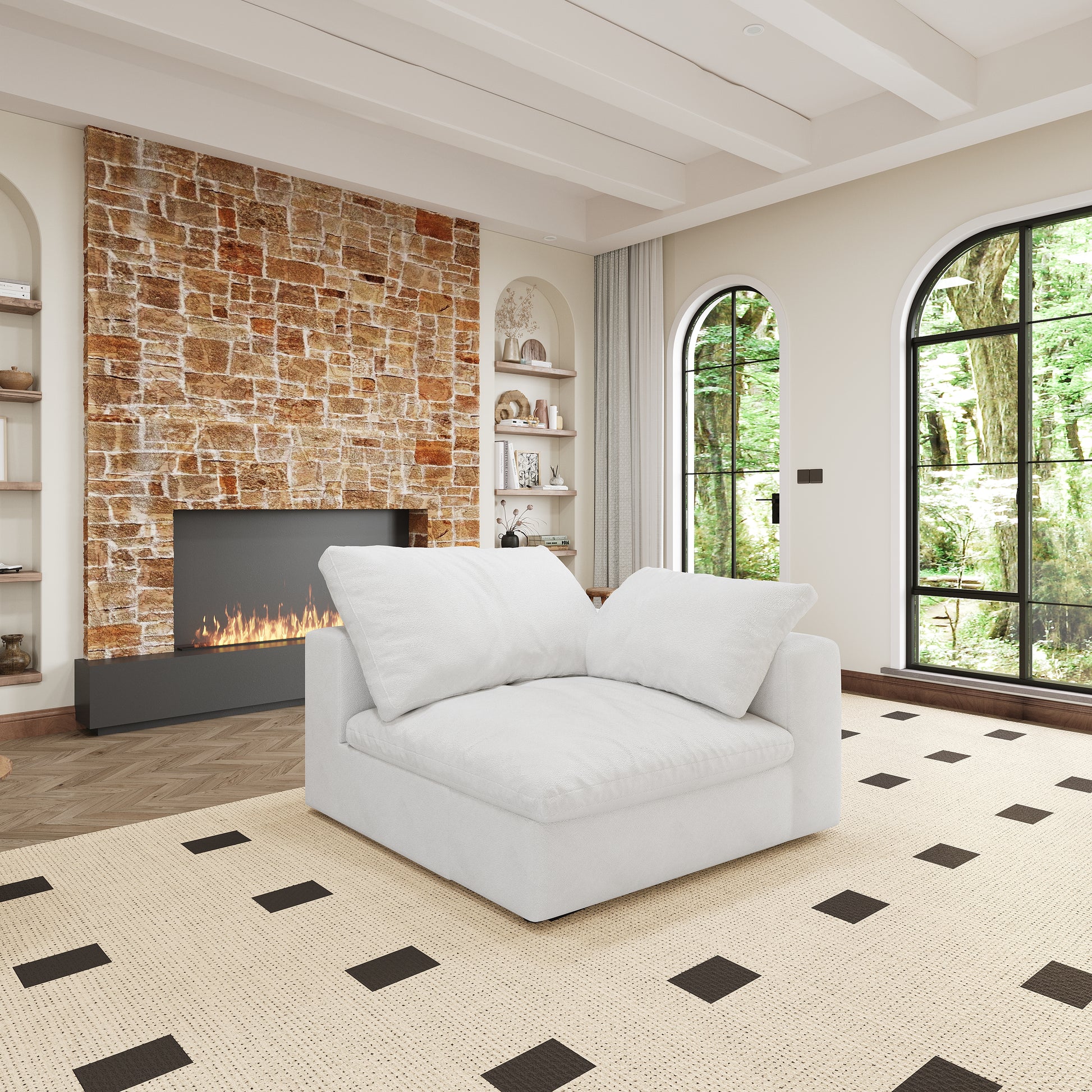 Plush white modular sofa with deep soft cushions and a textured fabric perfect for a cozy living room