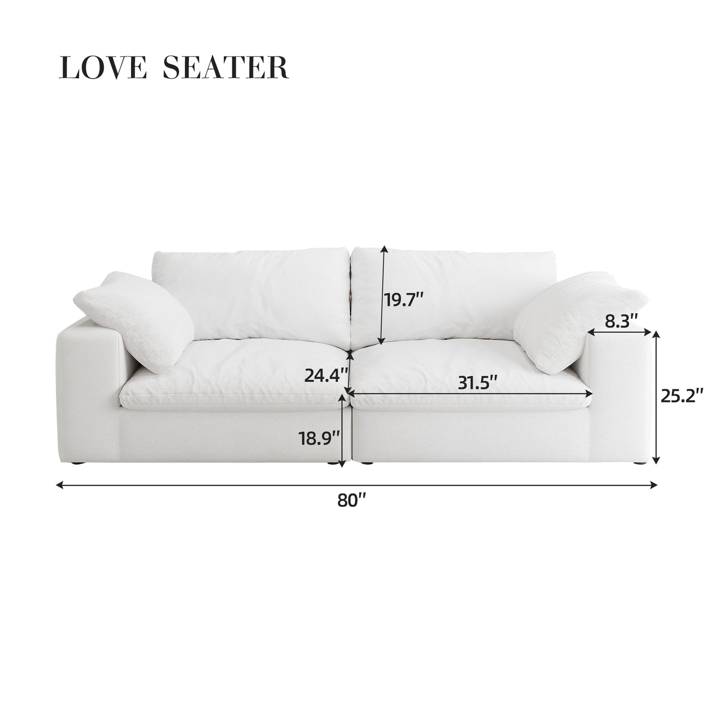 Plush white fabric love seat with deep cushions and plush accent pillows Features  width