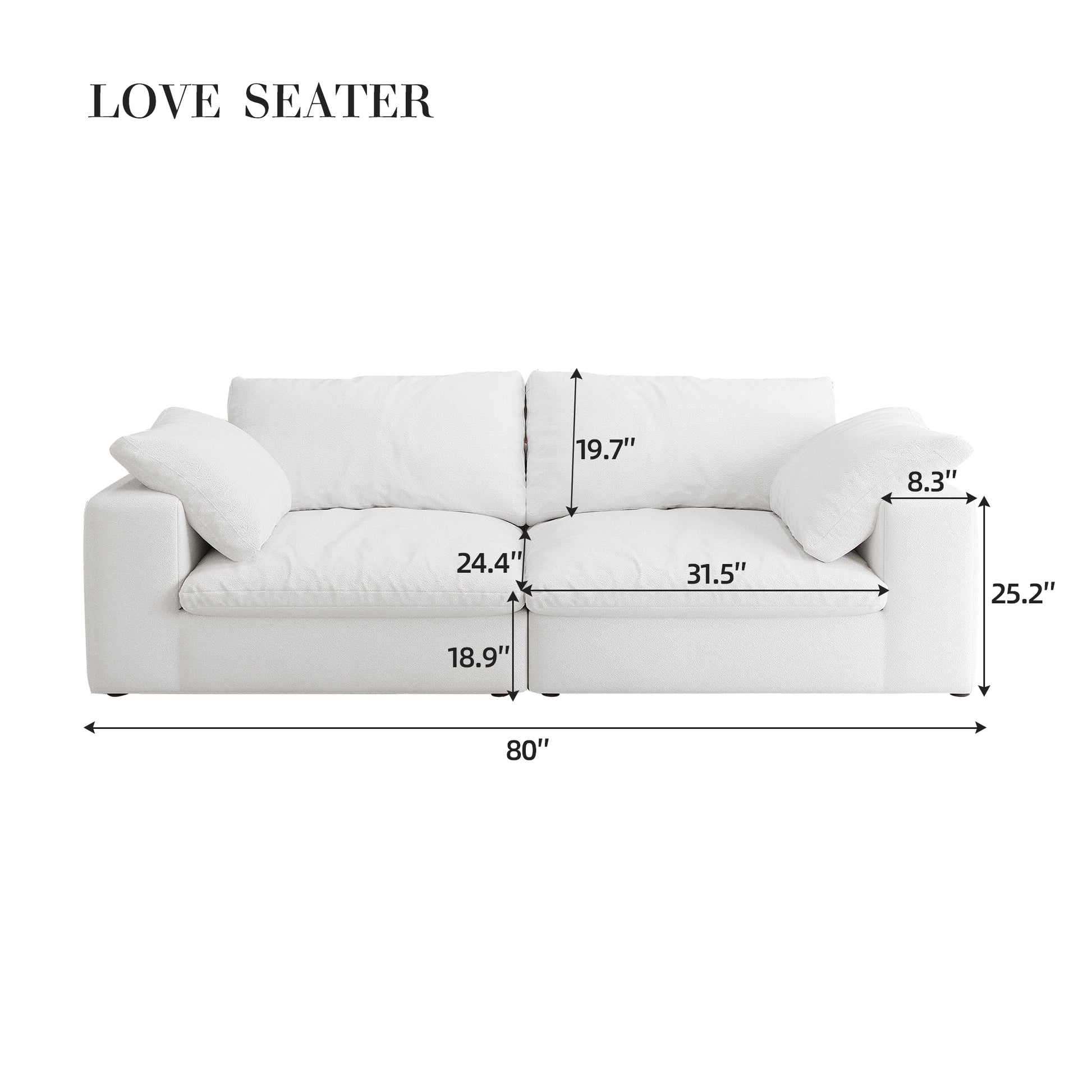 Plush white fabric love seat with deep cushions and plush accent pillows Features  width