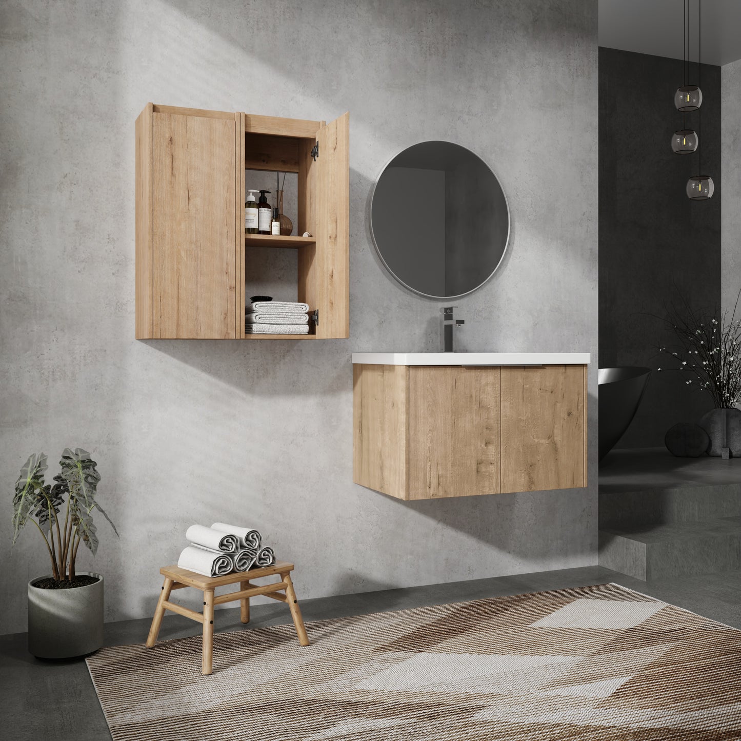 Light oak bathroom vanity cabinet with modern design and ample storage