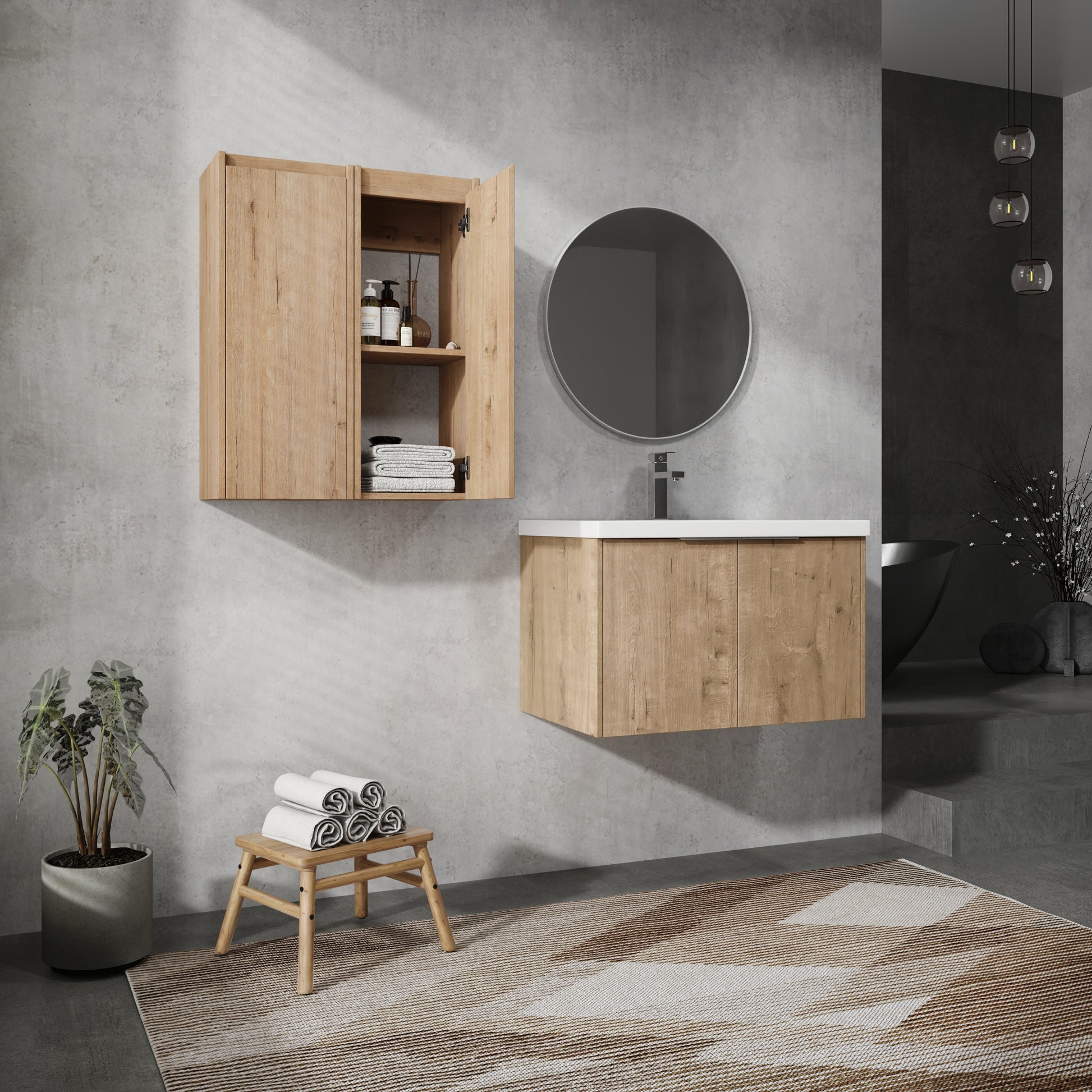 Light oak bathroom vanity cabinet with modern design and ample storage