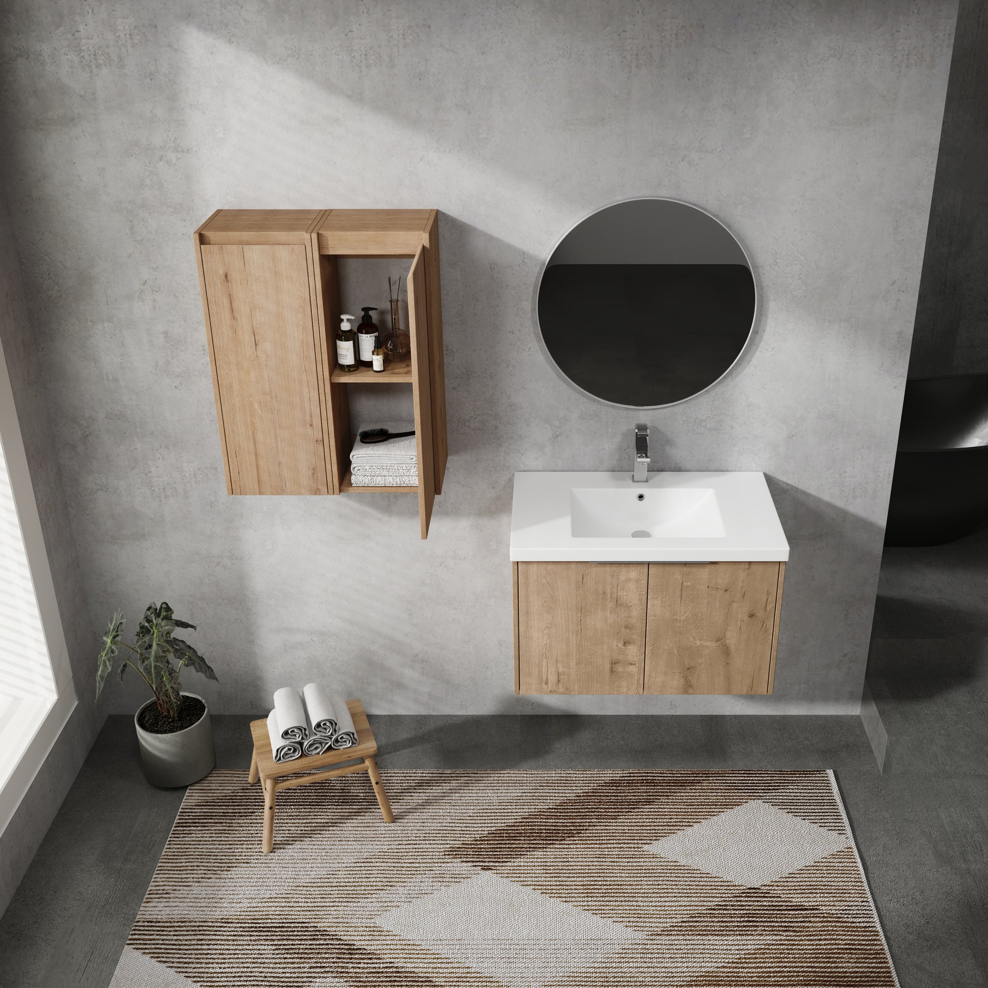Modern oak bathroom vanity with two doors and white basin  inches wide
