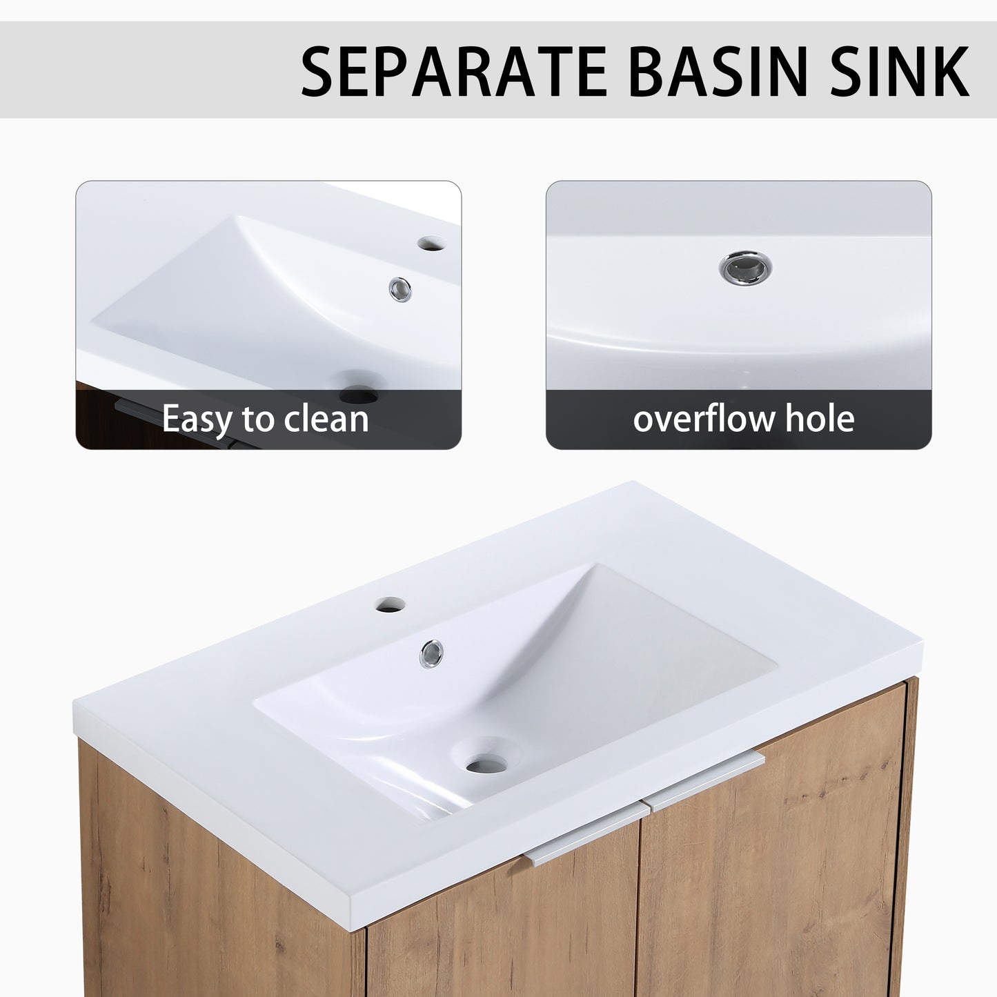 White ceramic basin sink with integrated wood vanity cabinet and brushed nickel faucet