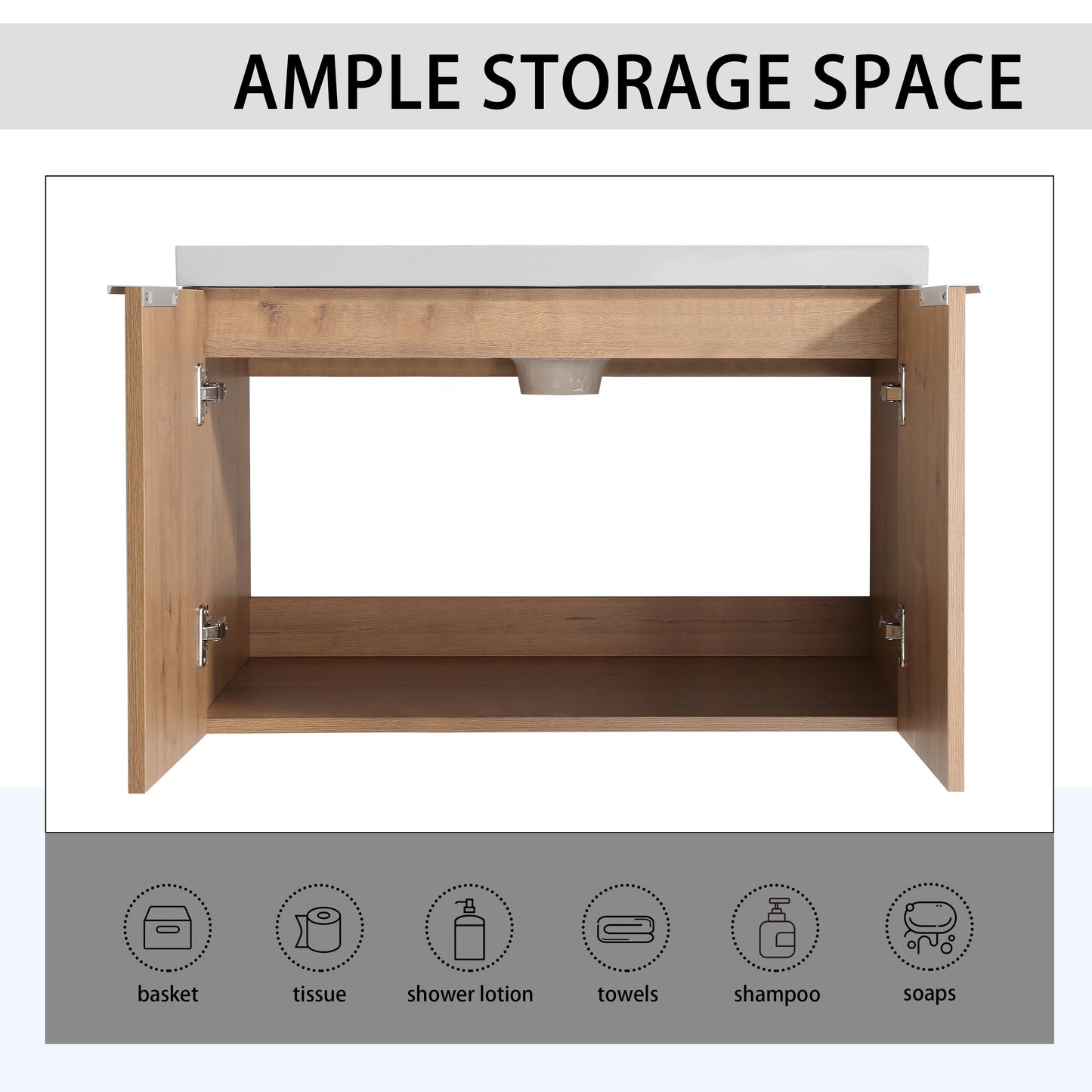 Light oak bathroom vanity with open shelving and ample storage space for bathroom essentials