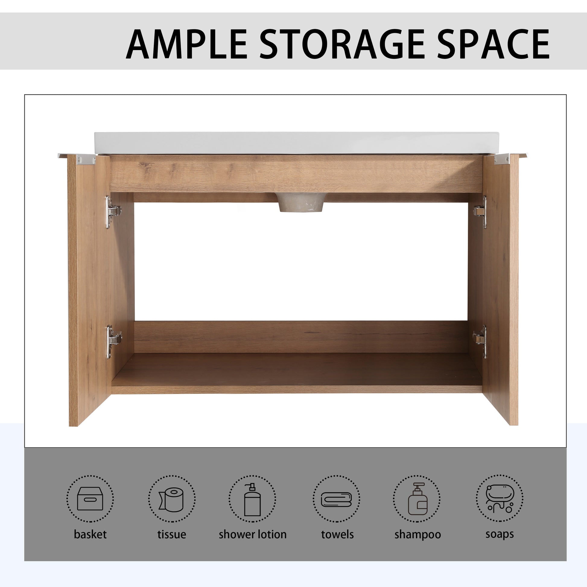 Light oak bathroom vanity with open shelving and ample storage space for bathroom essentials