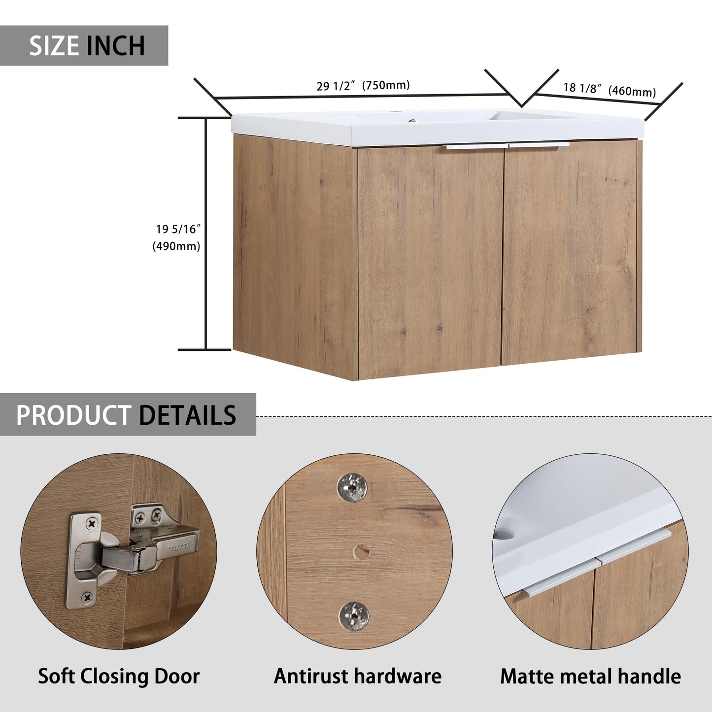 Modern wood grain vanity cabinet with white countertop  wide