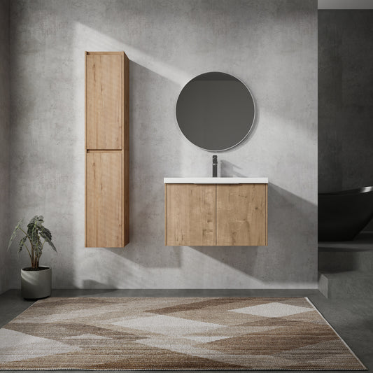 Light woodgrain floating bathroom vanity with white countertop and chrome faucet