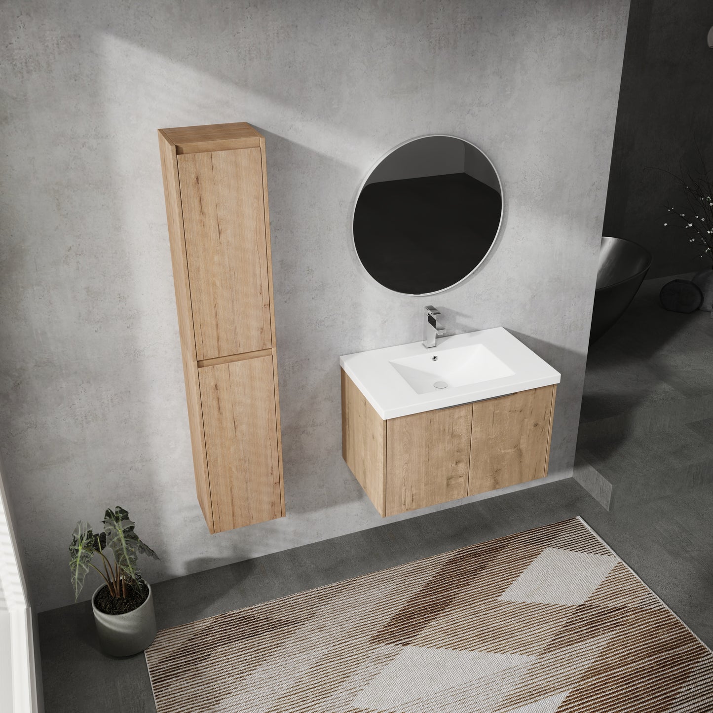 Oak vanity with white sink and modern chrome faucet in a bathroom