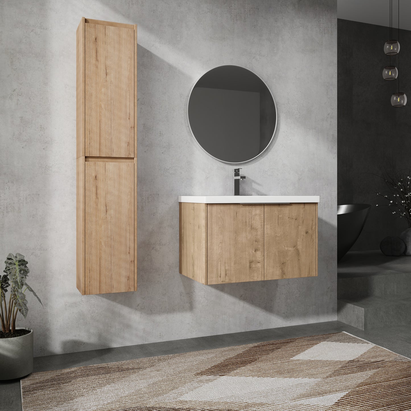 Modern oak veneer vanity with white countertop and chrome faucet
