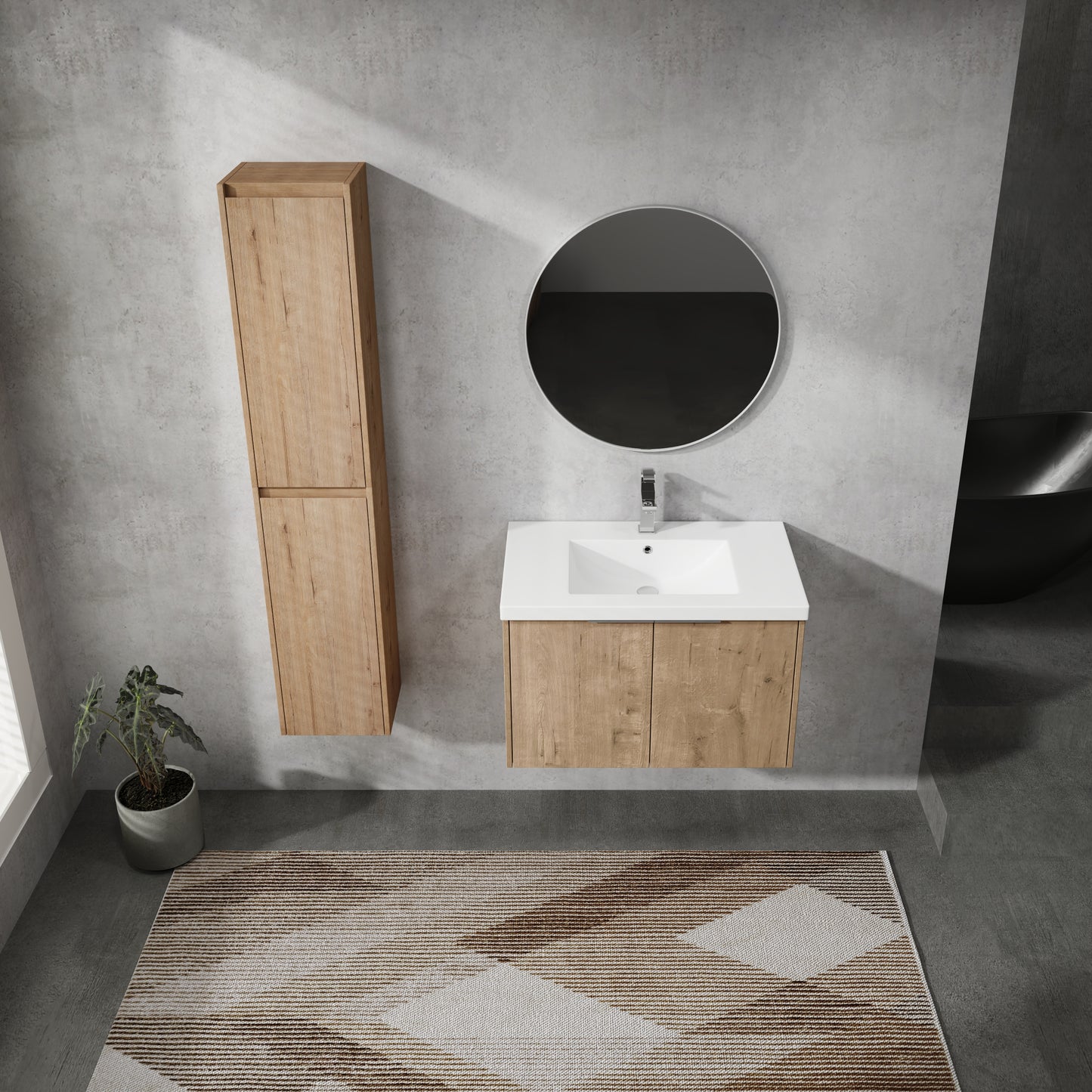 Modern oak wood vanity with white countertop and chrome faucet