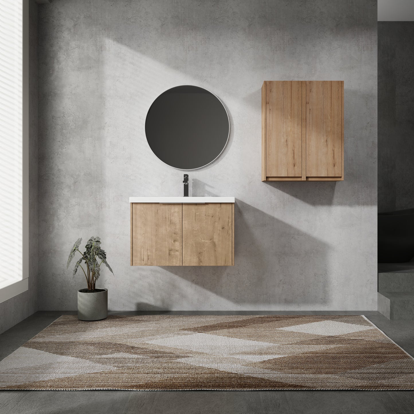 Modern oak veneer bathroom vanity with matte black faucet and round mirror