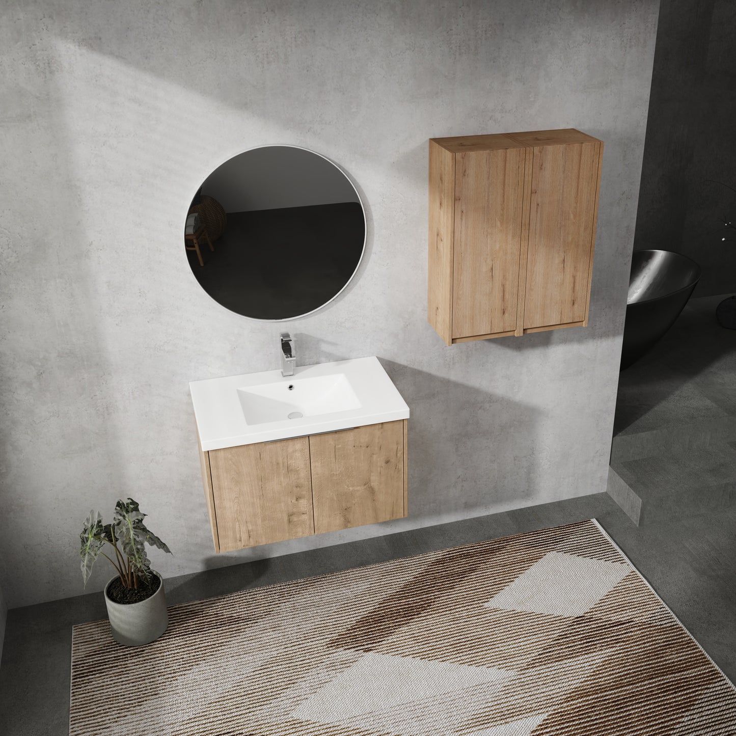 Floating oak veneer vanity with white undermount sink and modern chrome faucet