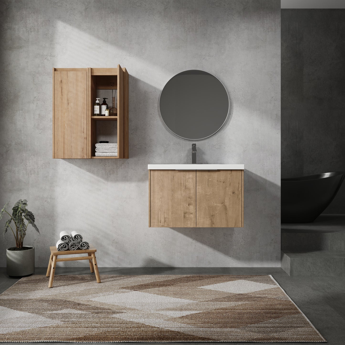 Modern oak vanity cabinet with minimalist design and sleek countertop