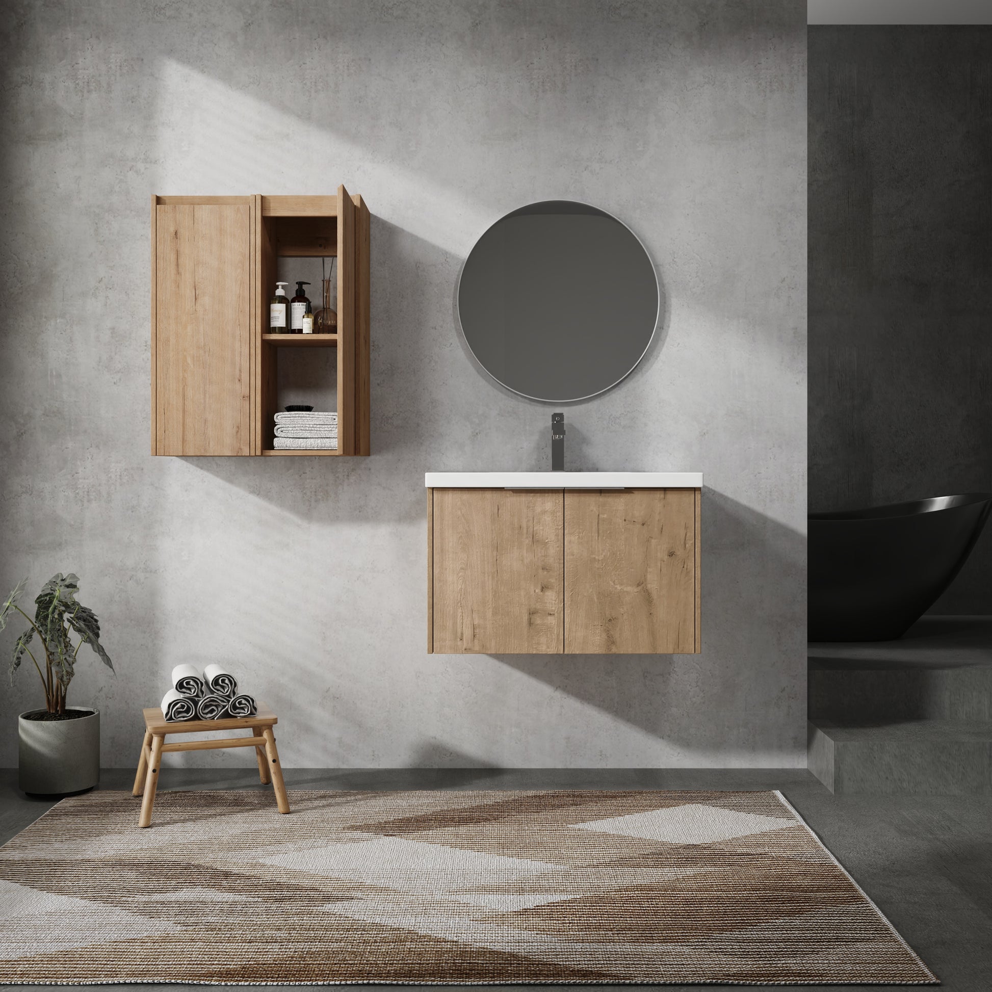 Modern oak vanity cabinet with minimalist design and sleek countertop